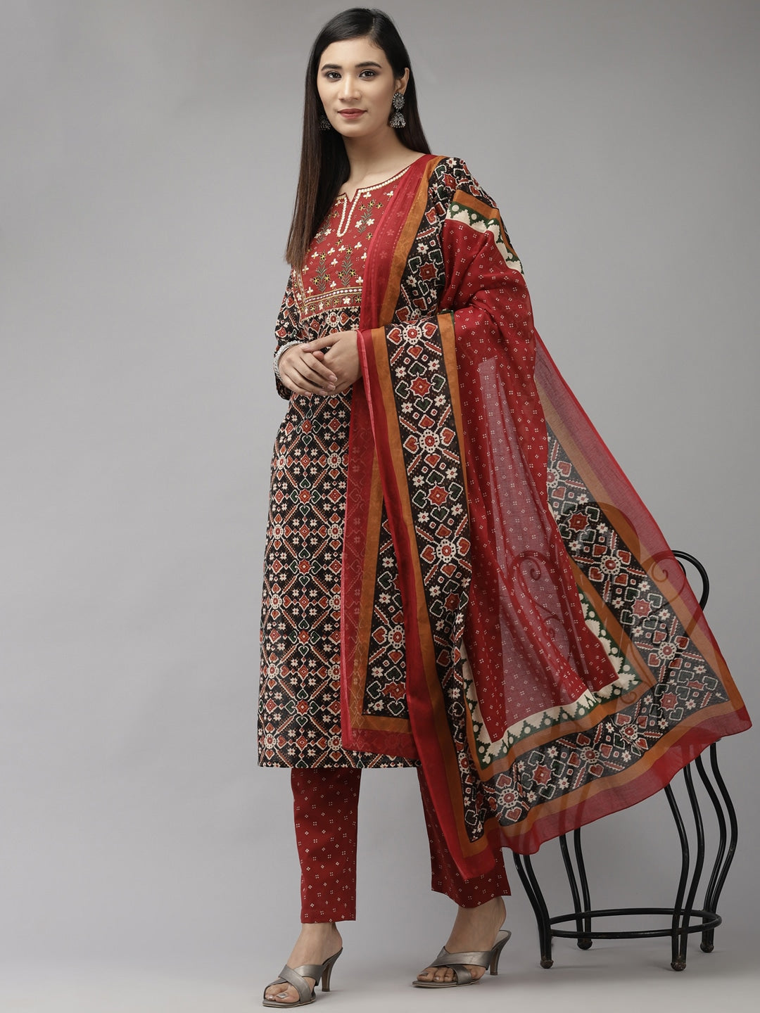 Red & Black Printed Dupatta Set-Yufta Store-9451SKDRDS