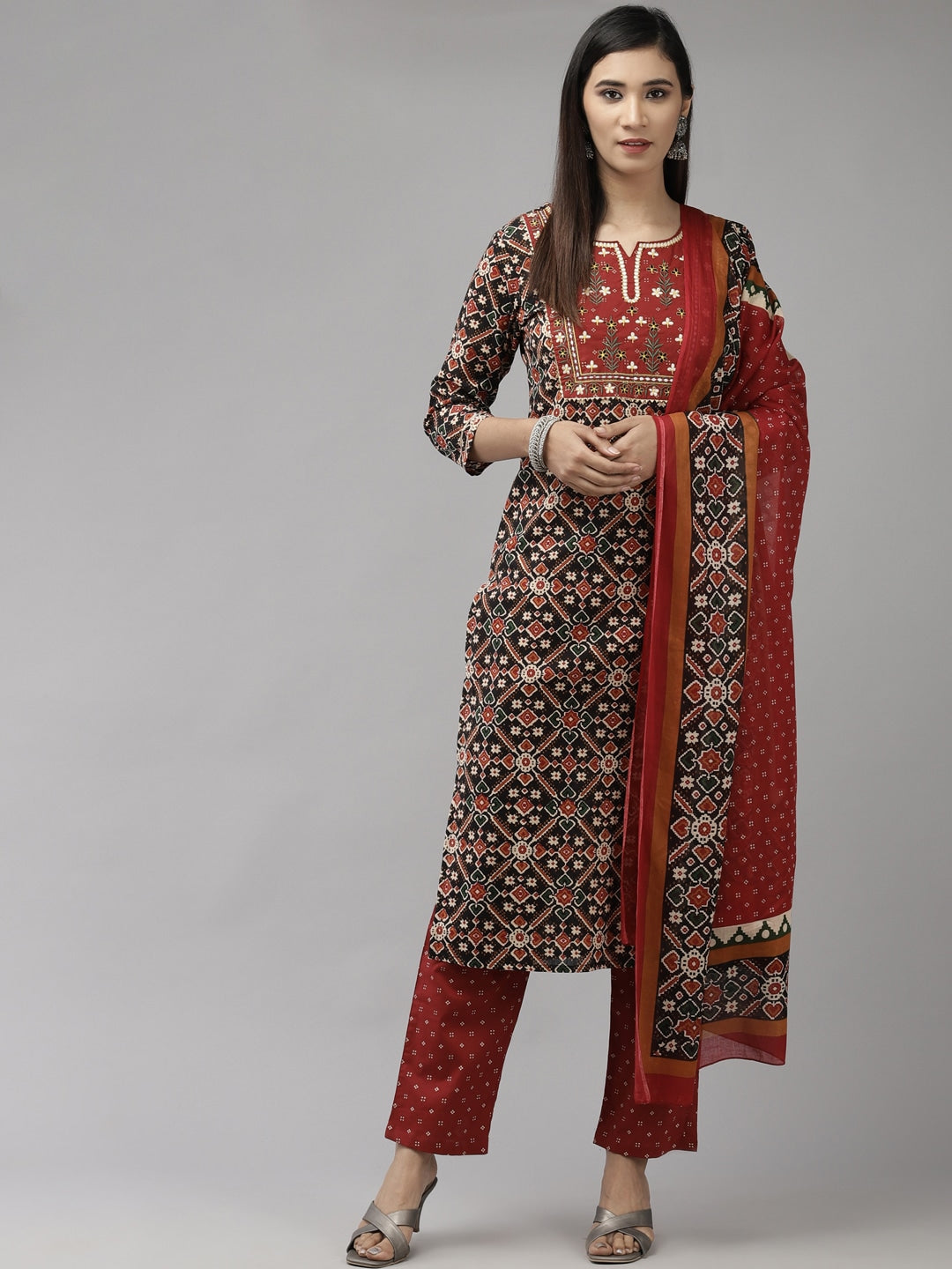 Red & Black Printed Dupatta Set-Yufta Store-9451SKDRDS