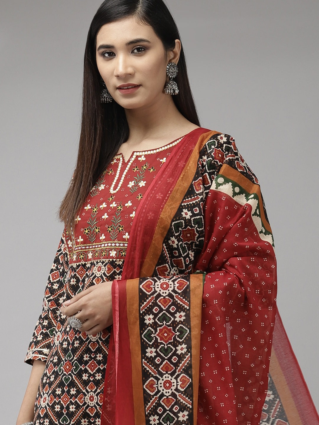 Red & Black Printed Dupatta Set-Yufta Store-9451SKDRDS