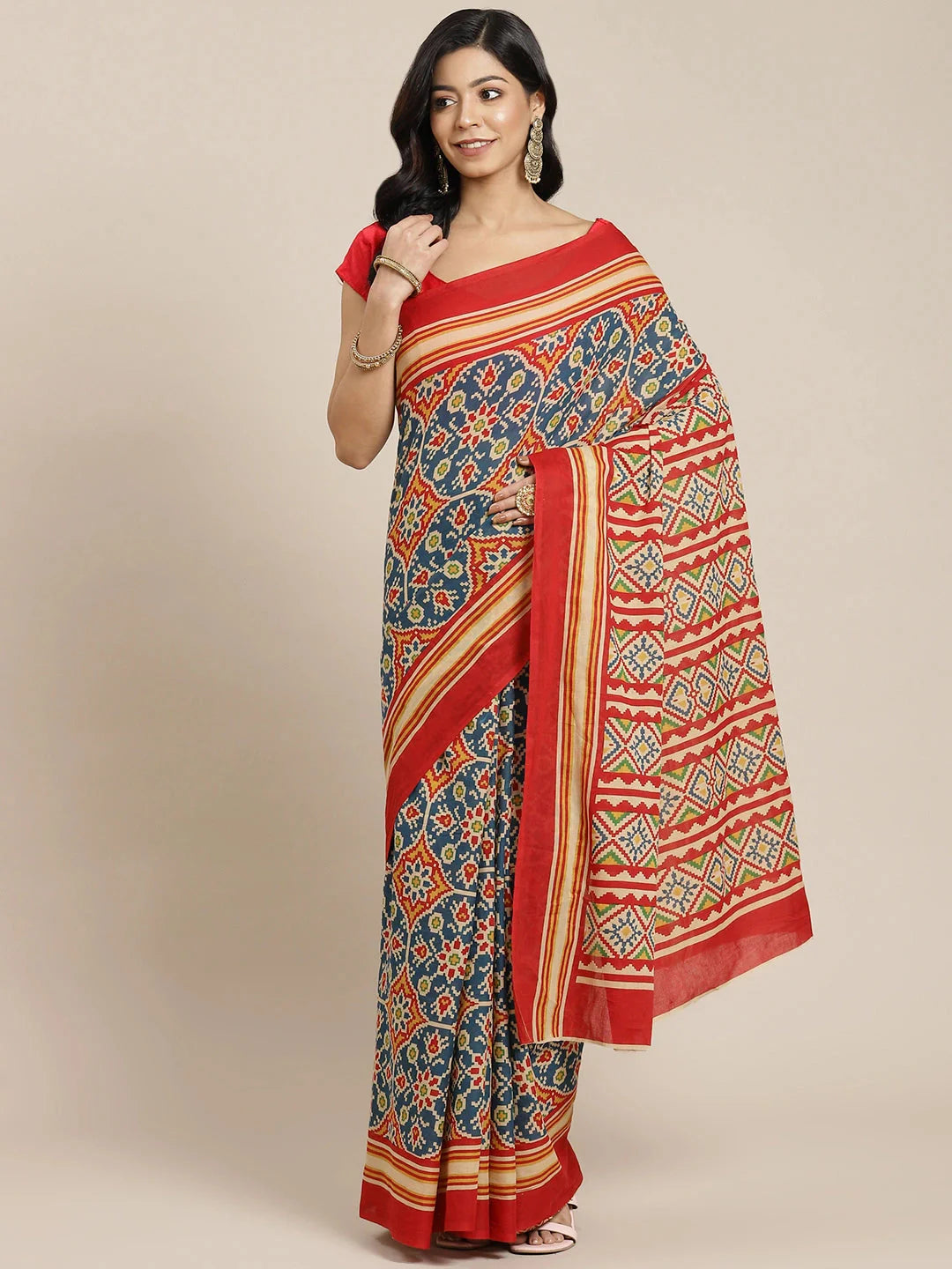 Red & Blue Ethnic Motifs Saree