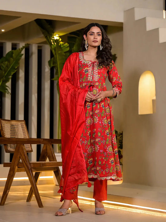 Red Dori Embroidery Voile Anarkali Kurta With Trousers With Dupatta Set-Yufta Store-1687SKDRDS