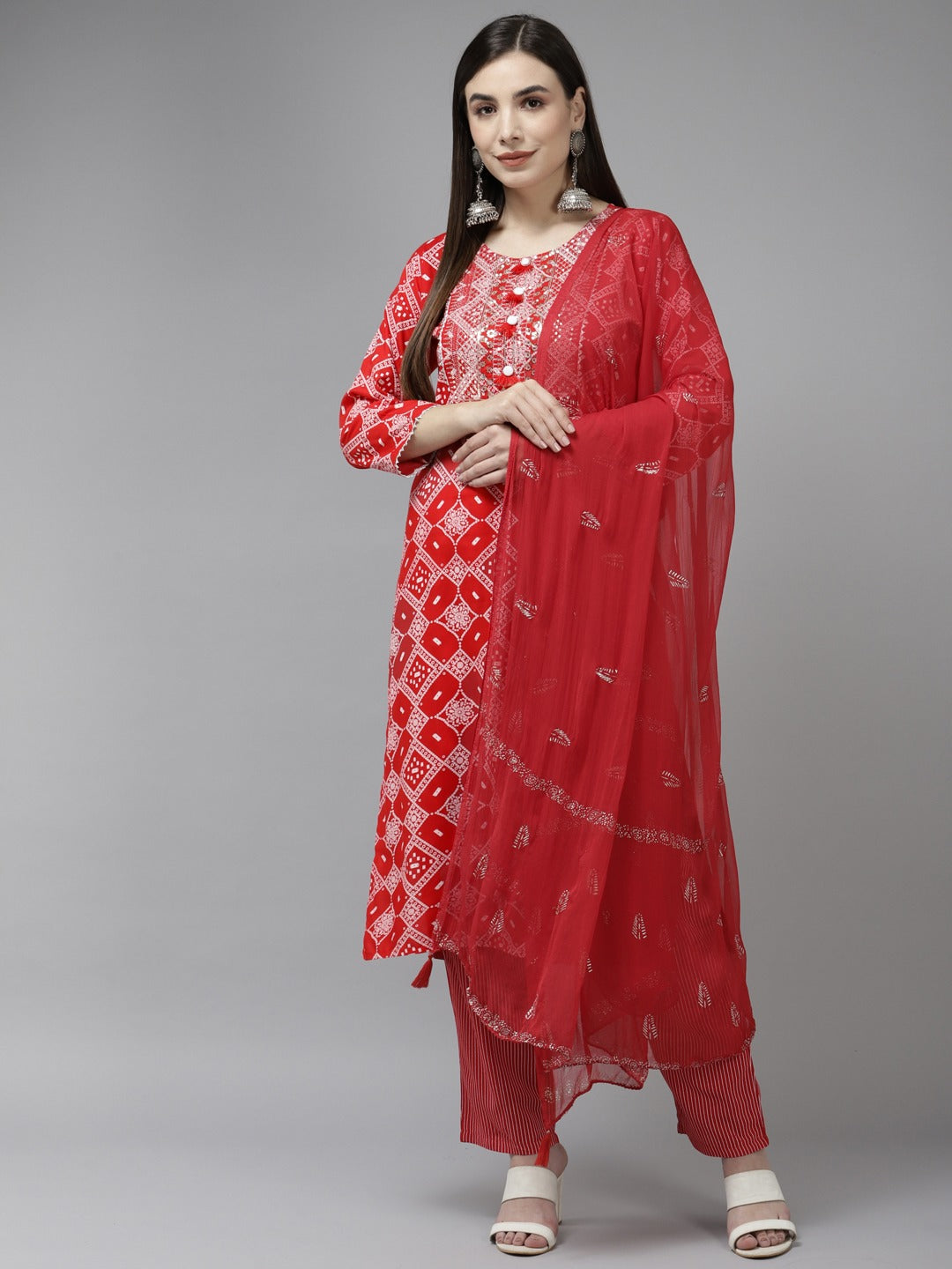 Red Embroidered Dupatta Set-Yufta Store-6501SKDRDM