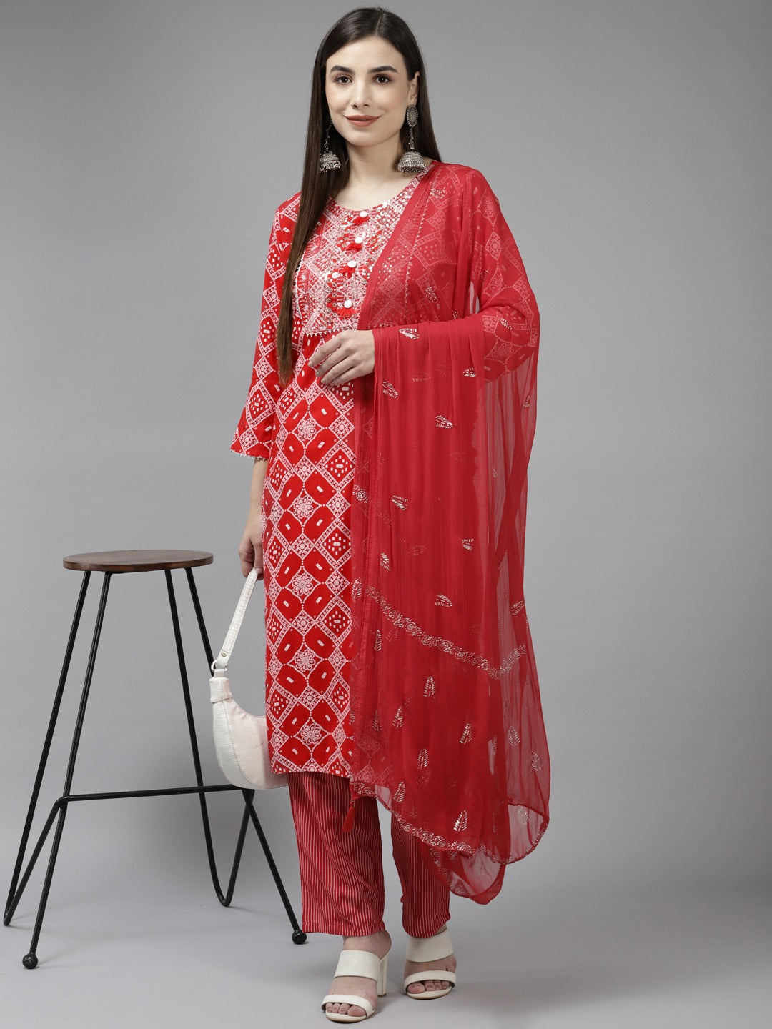 Red Embroidered Dupatta Set-Yufta Store-6501SKDRDM