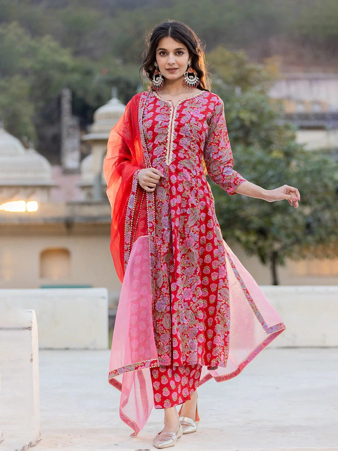 Red Floral Print Regular Sleeves Anarkali Kurta Trouser And Dupatta Set-Yufta Store-1744SKDRDS