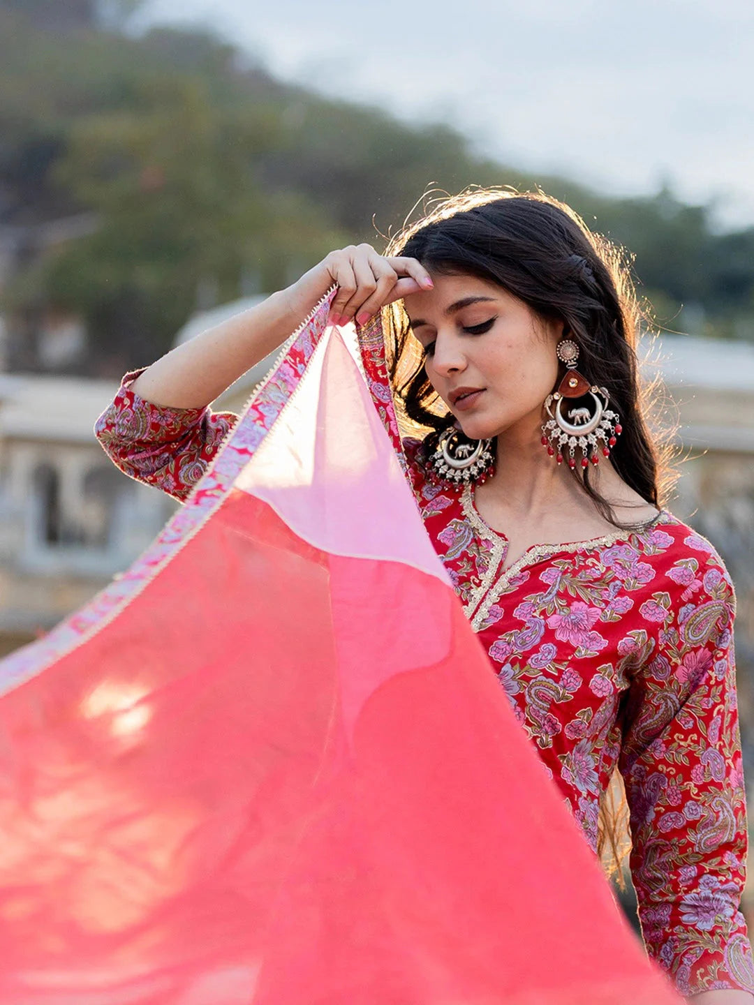 Red Floral Print Regular Sleeves Anarkali Kurta Trouser And Dupatta Set-Yufta Store-1744SKDRDS