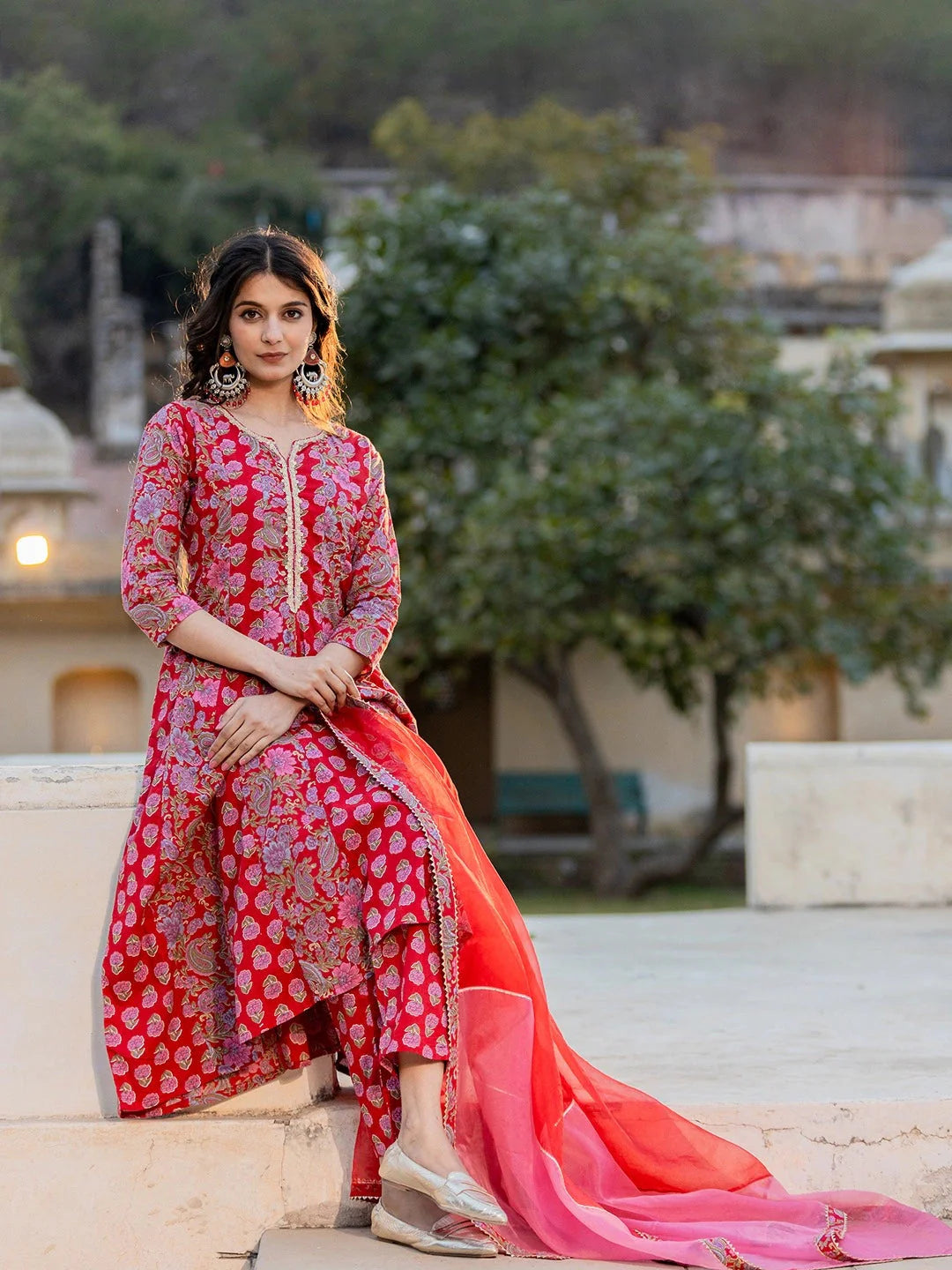 Red Floral Print Regular Sleeves Anarkali Kurta Trouser And Dupatta Set-Yufta Store-1744SKDRDS