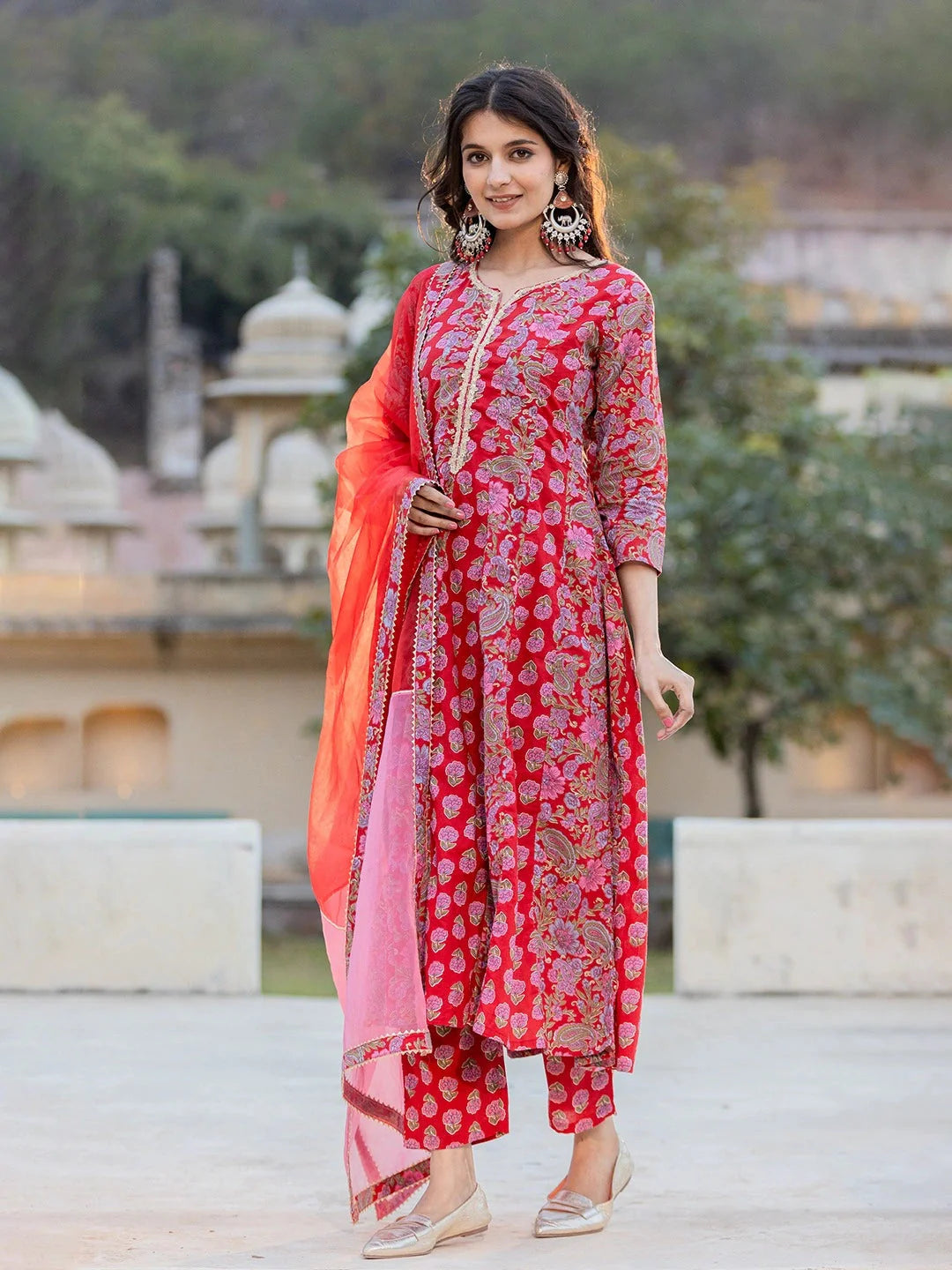 Red Floral Print Regular Sleeves Anarkali Kurta Trouser And Dupatta Set-Yufta Store-1744SKDRDS