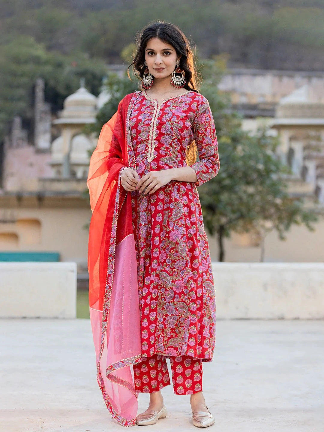 Red Floral Print Regular Sleeves Anarkali Kurta Trouser And Dupatta Set-Yufta Store-1744SKDRDS