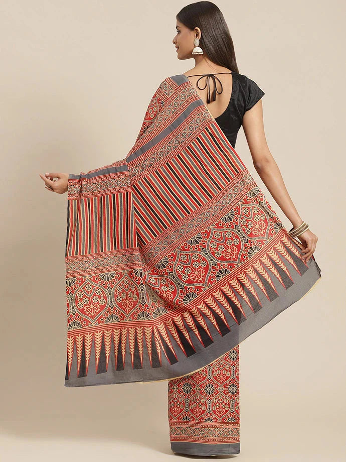 Red & Grey Printed Saree-Yufta Store-6036SARRD