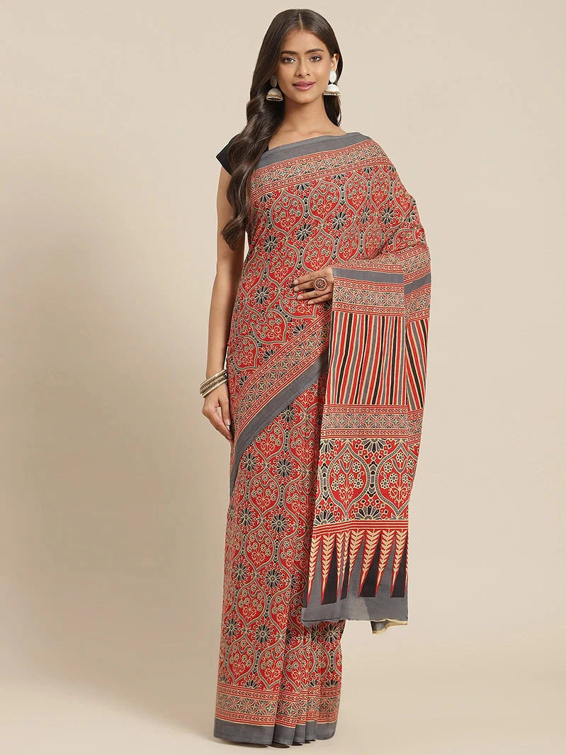 Red & Grey Printed Saree-Yufta Store-6036SARRD