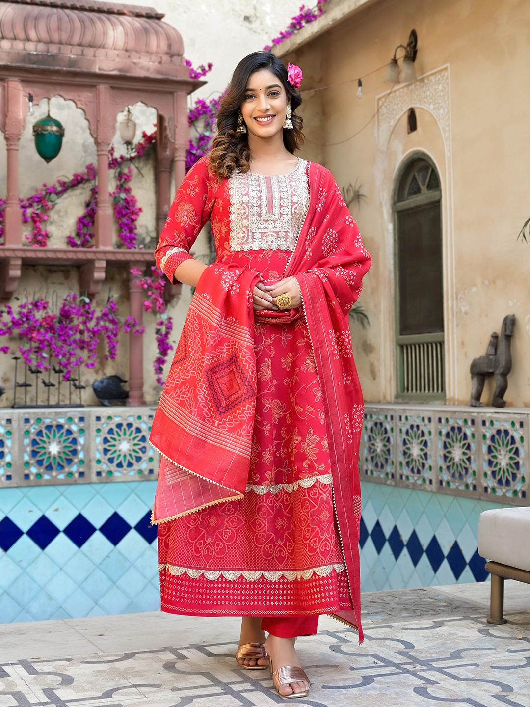 Red Patch_Work Kurta Trouser with Dupatta Set-Yufta Store-1747SKDRDS