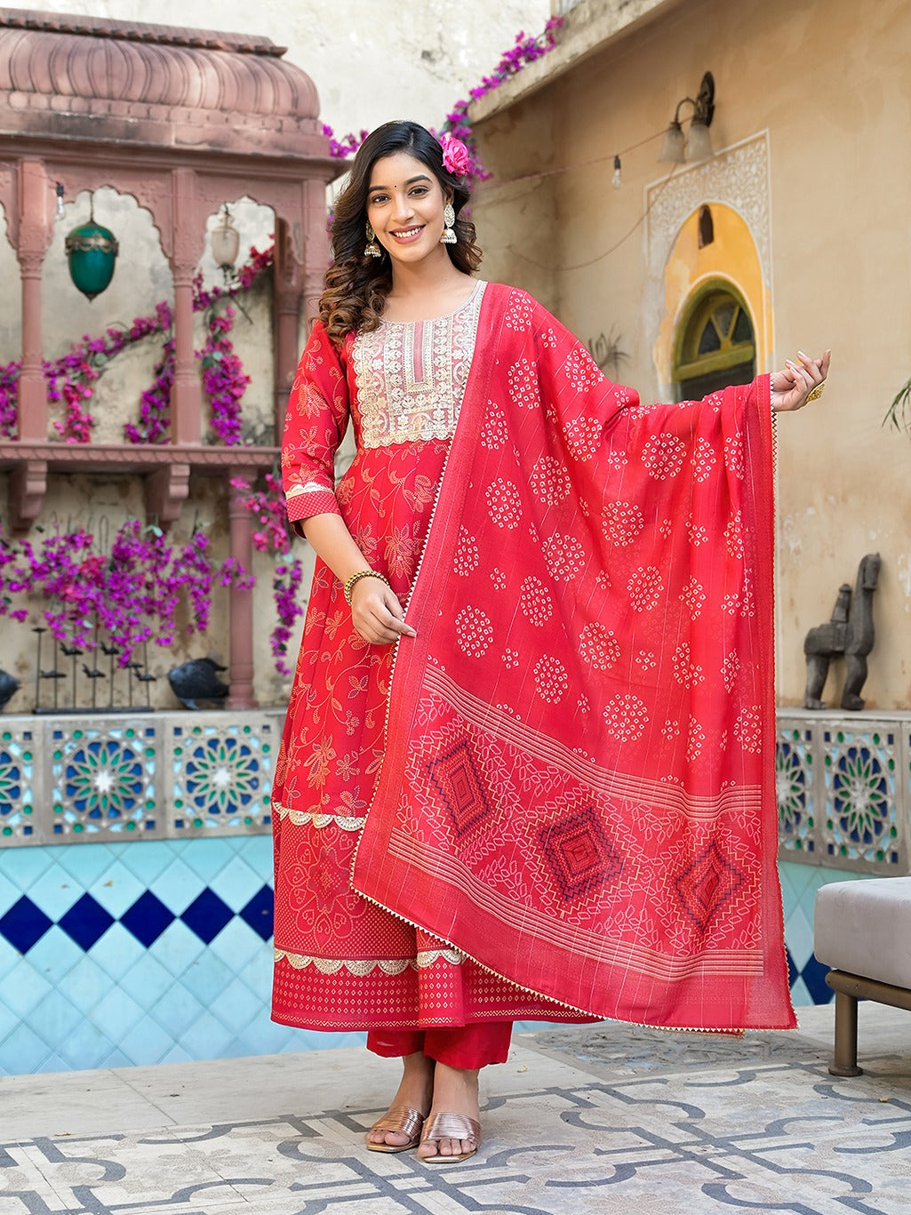 Red Patch_Work Kurta Trouser with Dupatta Set-Yufta Store-1747SKDRDS