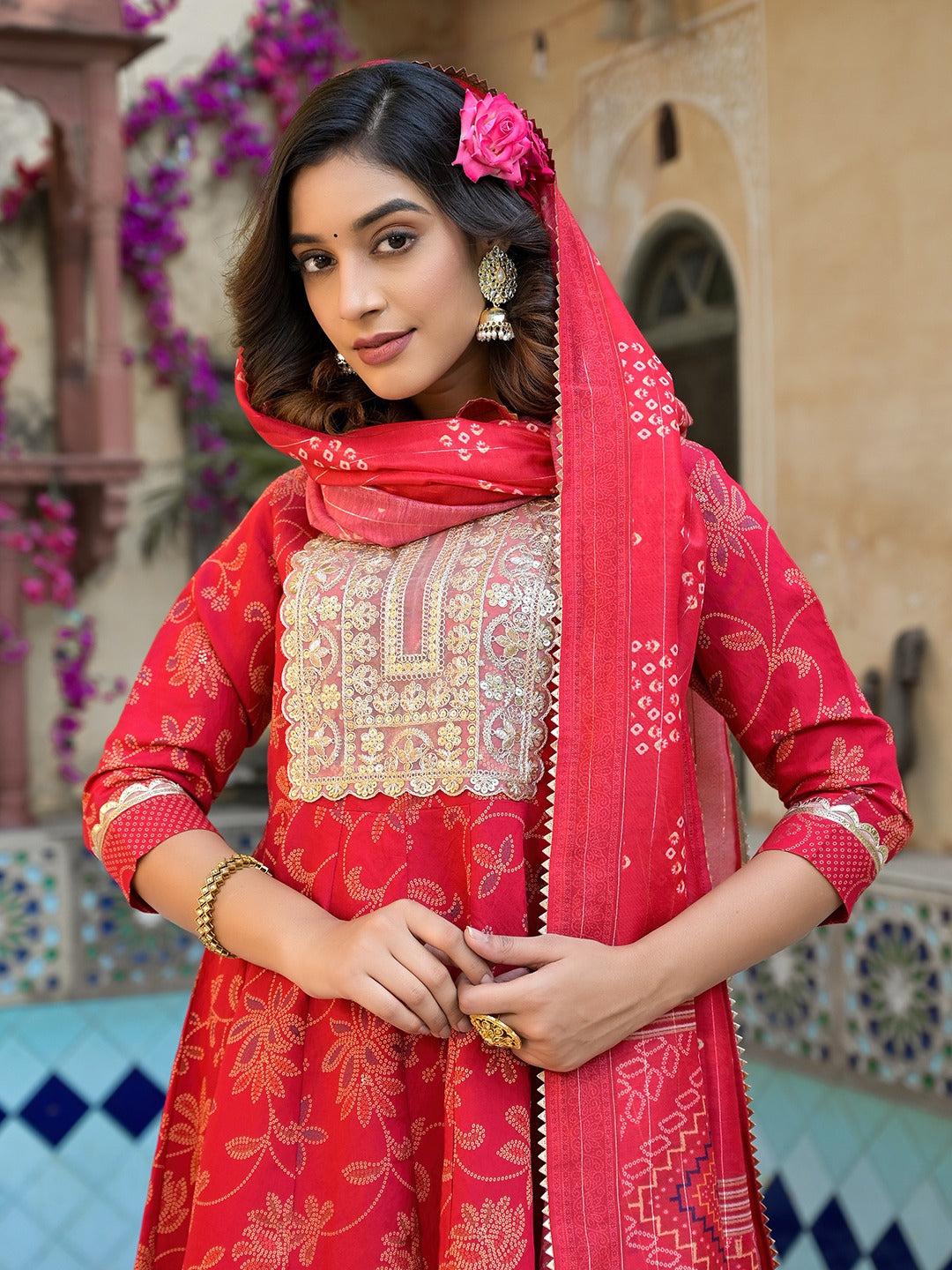 Red Patch_Work Kurta Trouser with Dupatta Set-Yufta Store-1747SKDRDS