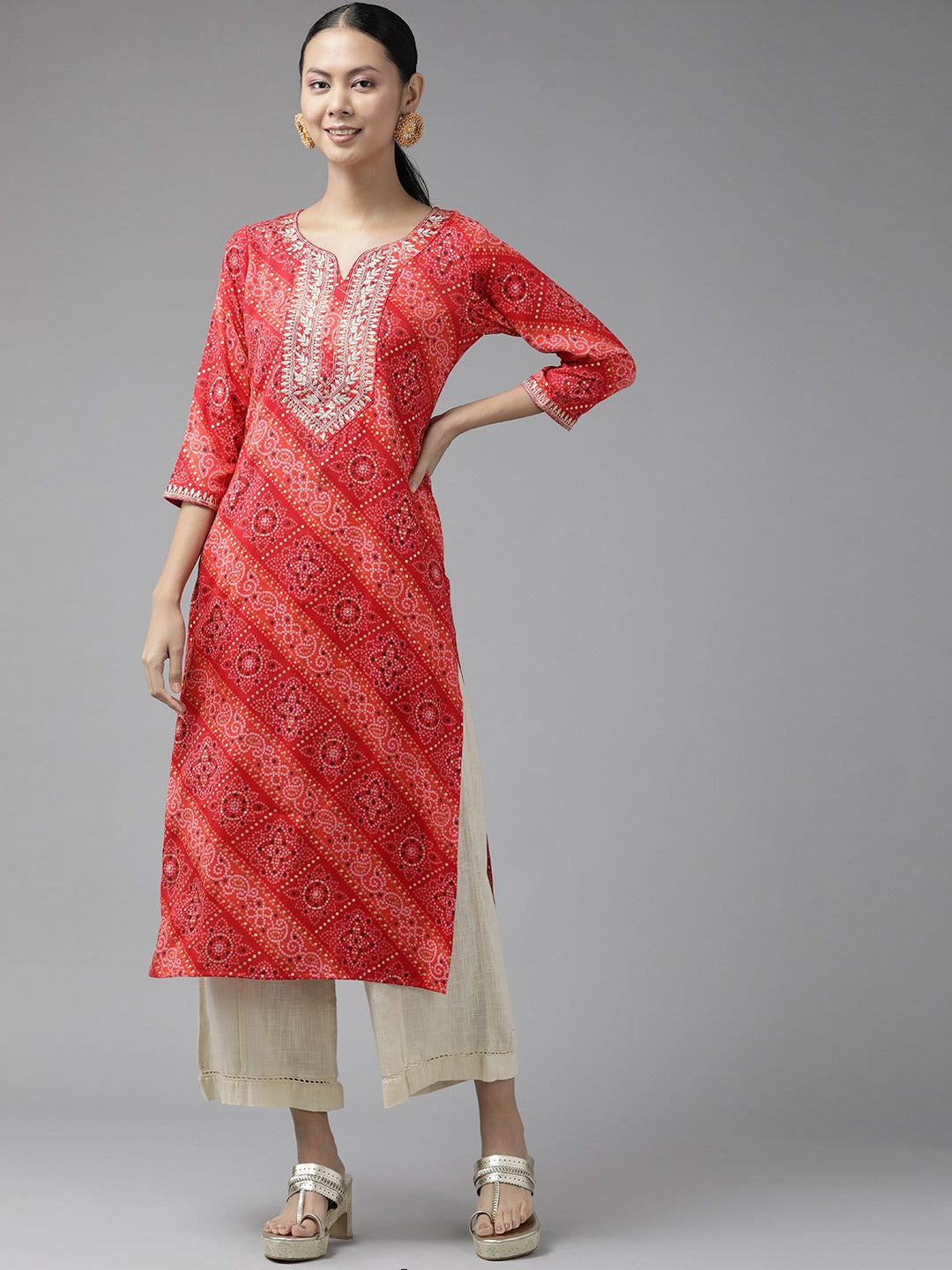 Red Printed Kurta-Yufta Store-9343KURRDS