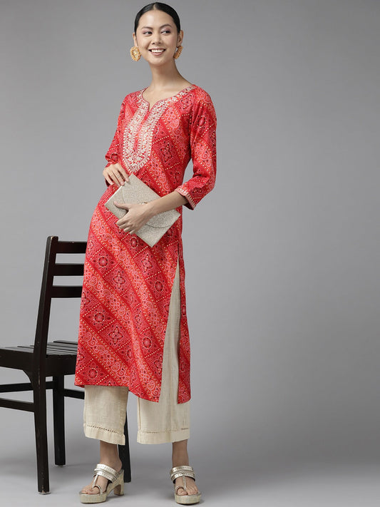 Red Printed Kurta-Yufta Store-9343KURRDS