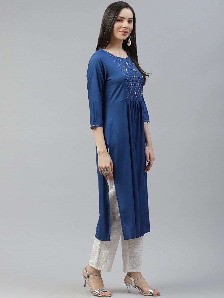 Royal Blue & Offwhite Dupatta Set-Yufta Store-7613SETRBS