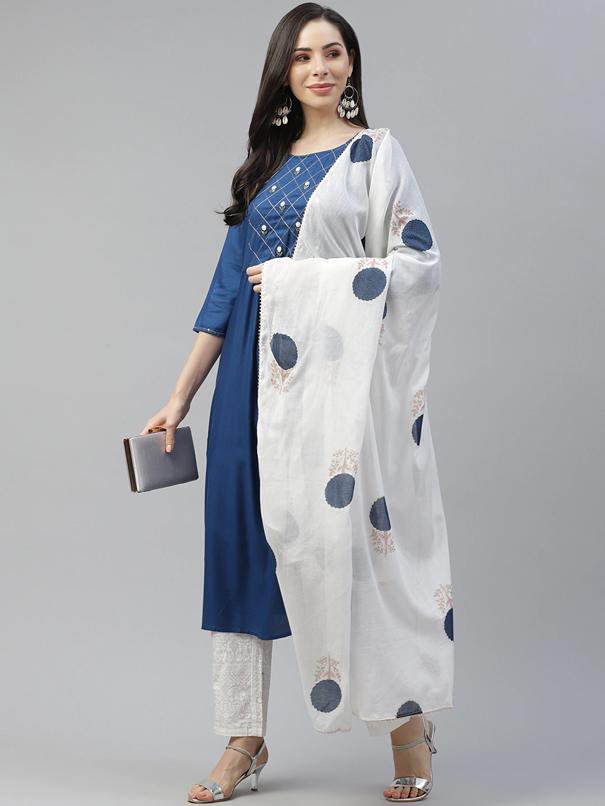 Royal Blue & Offwhite Dupatta Set-Yufta Store-7613SETRBS