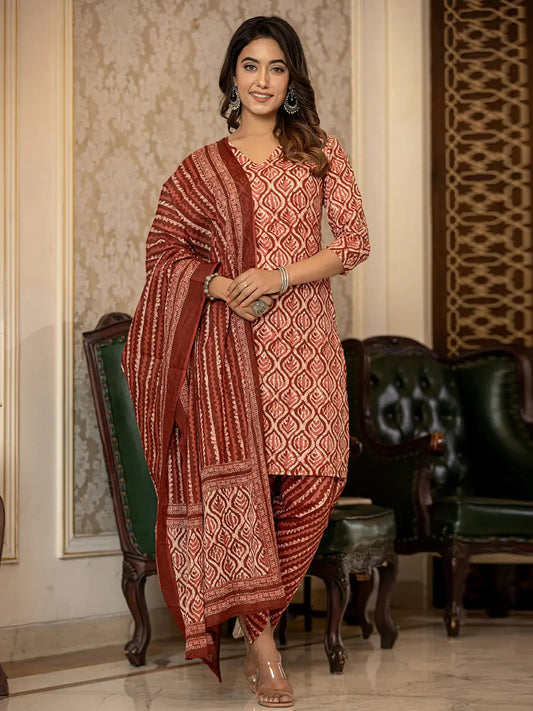 Rust Ethnic Motifs Straight Kurta Trouser And Dupatta Set-Yufta Store-6861SKDRTS