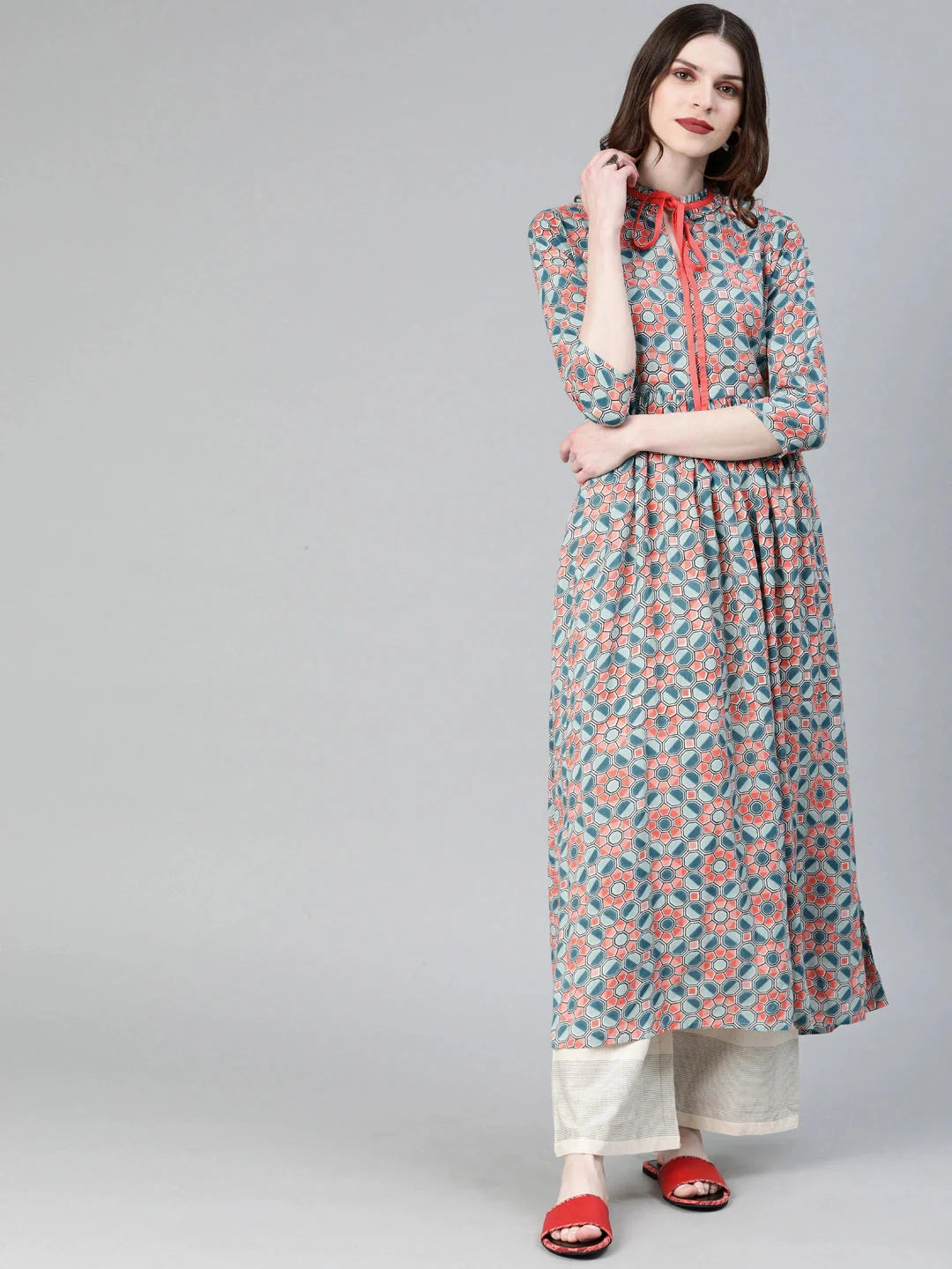 Rust Red & Teal Green Printed Kurta-Yufta Store-2094KURBLXS