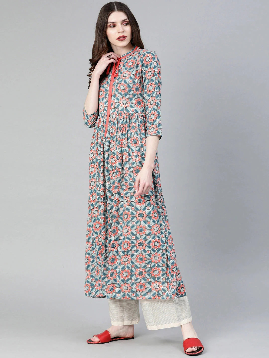 Rust Red & Teal Green Printed Kurta-Yufta Store-2094KURBLXS