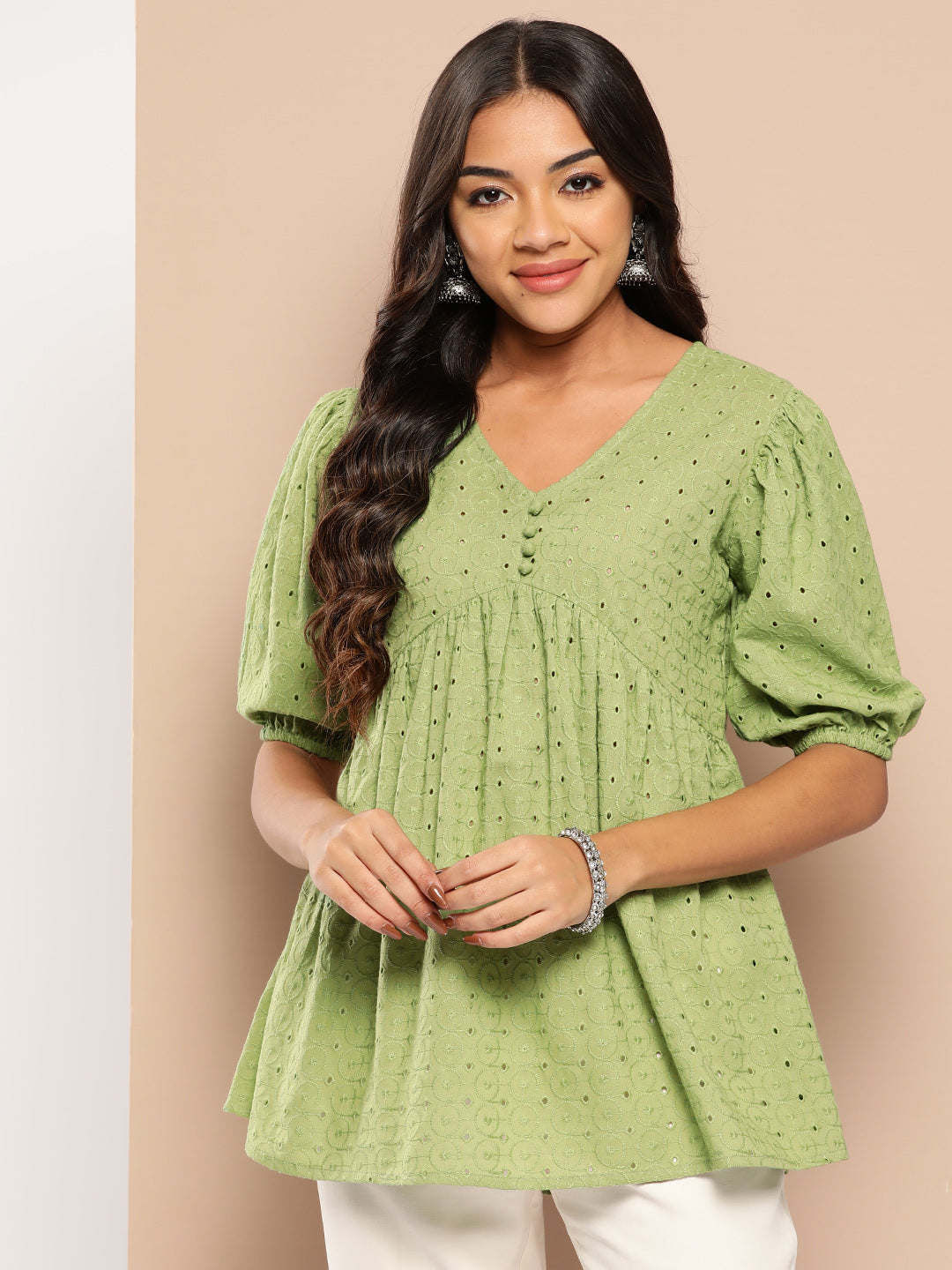 Schiffli Puff Sleeves Pure Cotton Tunic-Yufta Store-1329TOPGRS