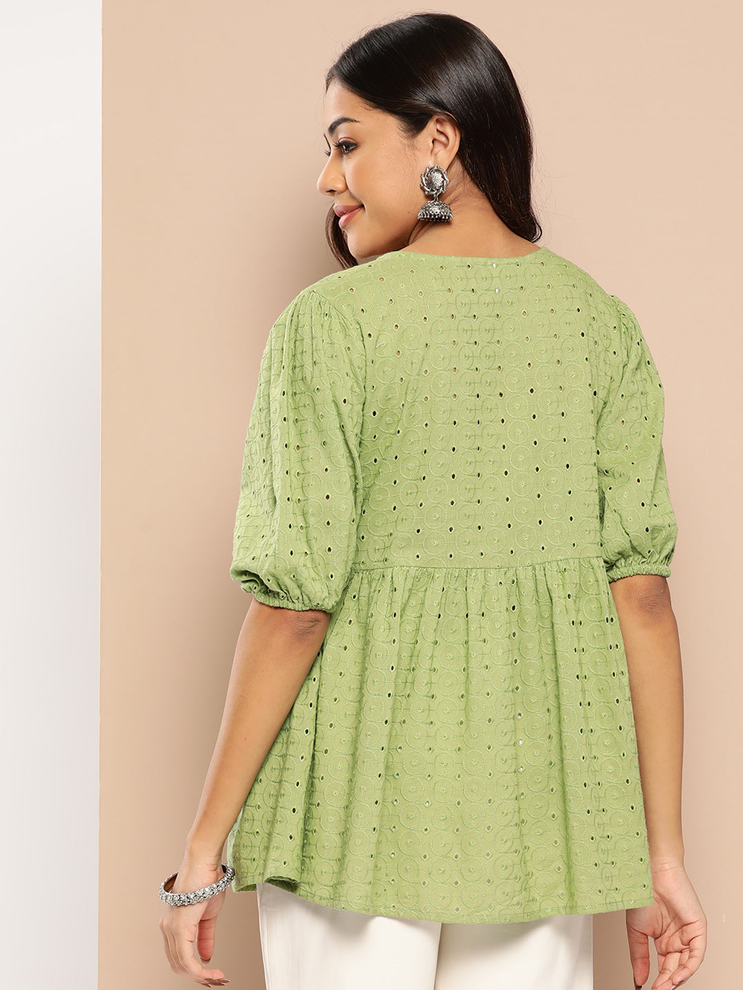 Schiffli Puff Sleeves Pure Cotton Tunic-Yufta Store-1329TOPGRS