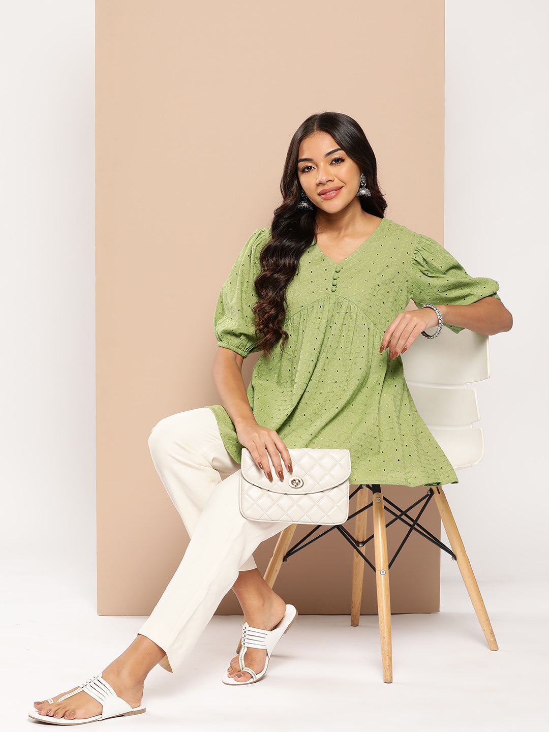 Schiffli Puff Sleeves Pure Cotton Tunic-Yufta Store-1329TOPGRS