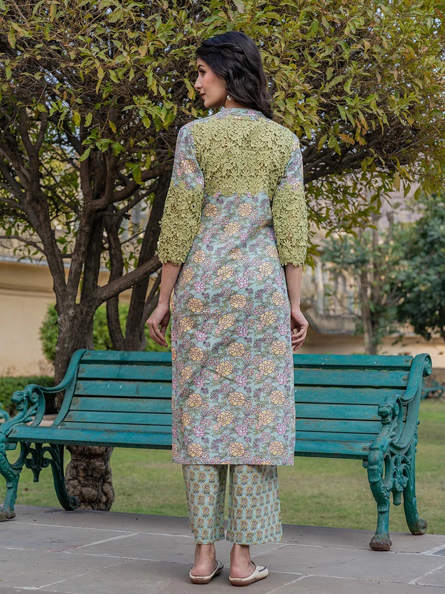 Sea Green And Yellow Floral Print,Thread_Work Pakistani Style Kurta Trouser And Dupatta Set