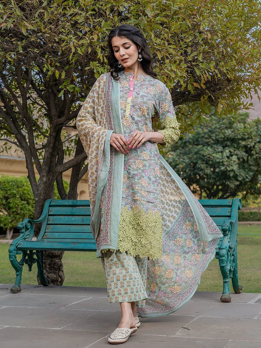 Sea Green And Yellow Floral Print,Thread_Work Pakistani Style Kurta Trouser And Dupatta Set