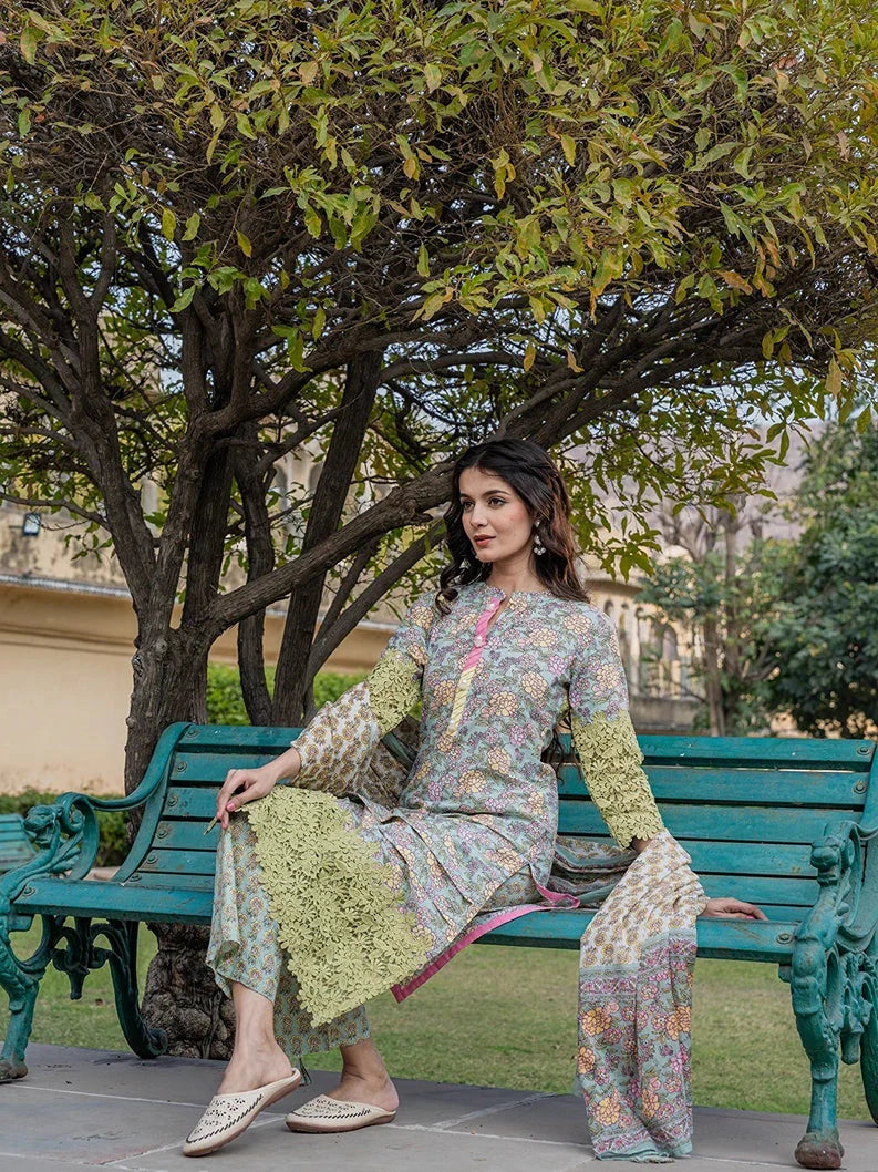 Sea Green And Yellow Floral Print,Thread_Work Pakistani Style Kurta Trouser And Dupatta Set