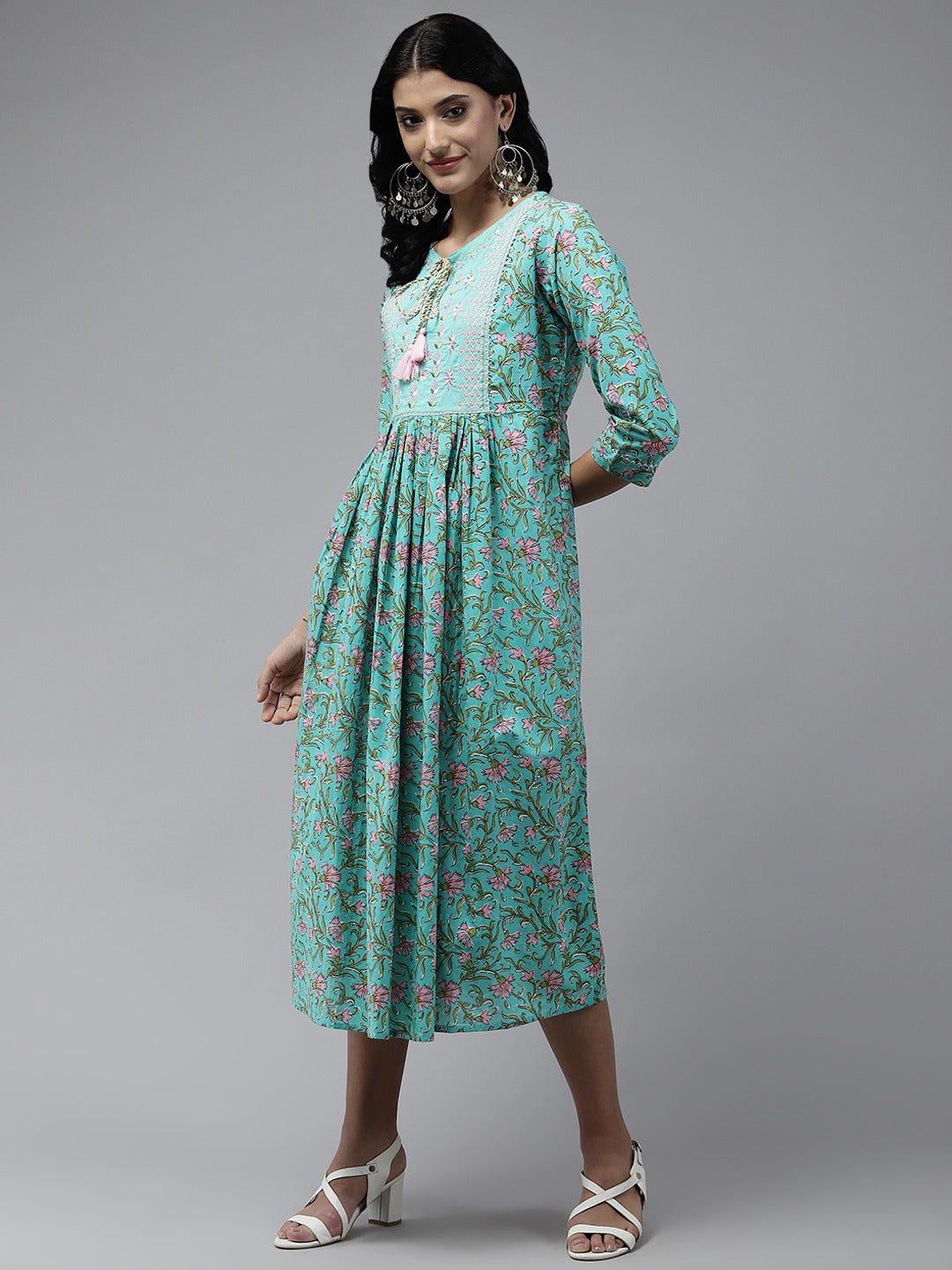 Sea Green Embroidered Midi Dress-Yufta Store-5212DRSSGS