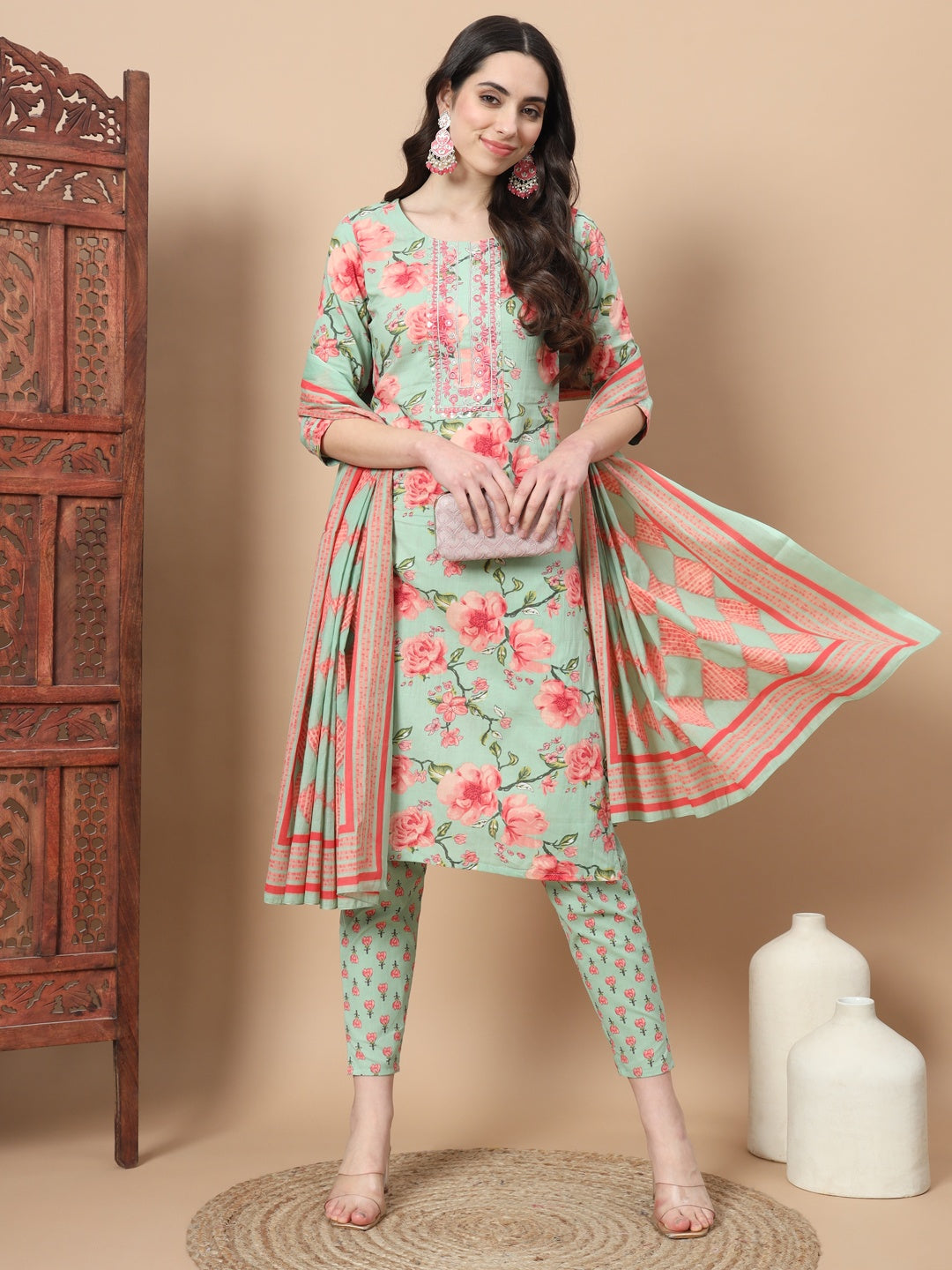 Sea Green Ethnic Motifs Cotton Kurta Dupatta Set-Yufta Store-6815SKDSGS