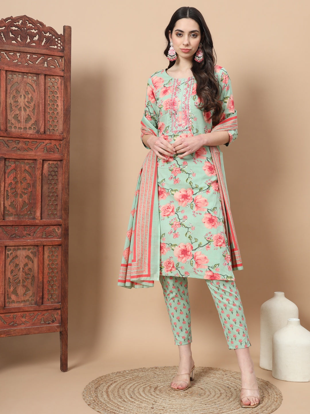 Sea Green Ethnic Motifs Cotton Kurta Dupatta Set-Yufta Store-6815SKDSGS