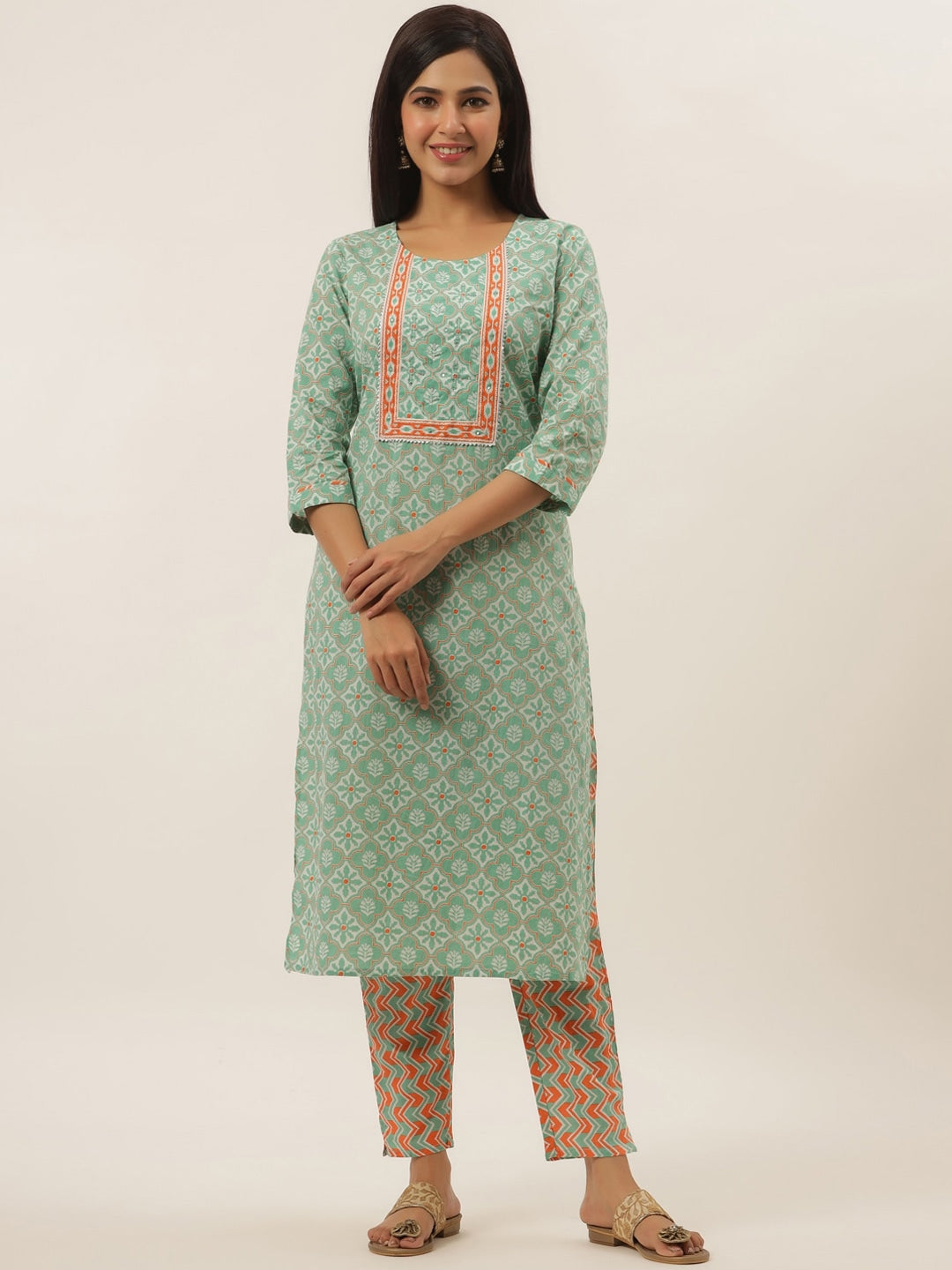 Sea Green Ethnic Motifs Printed Cotton Dupatta Set-Yufta Store-4782SKDSGM