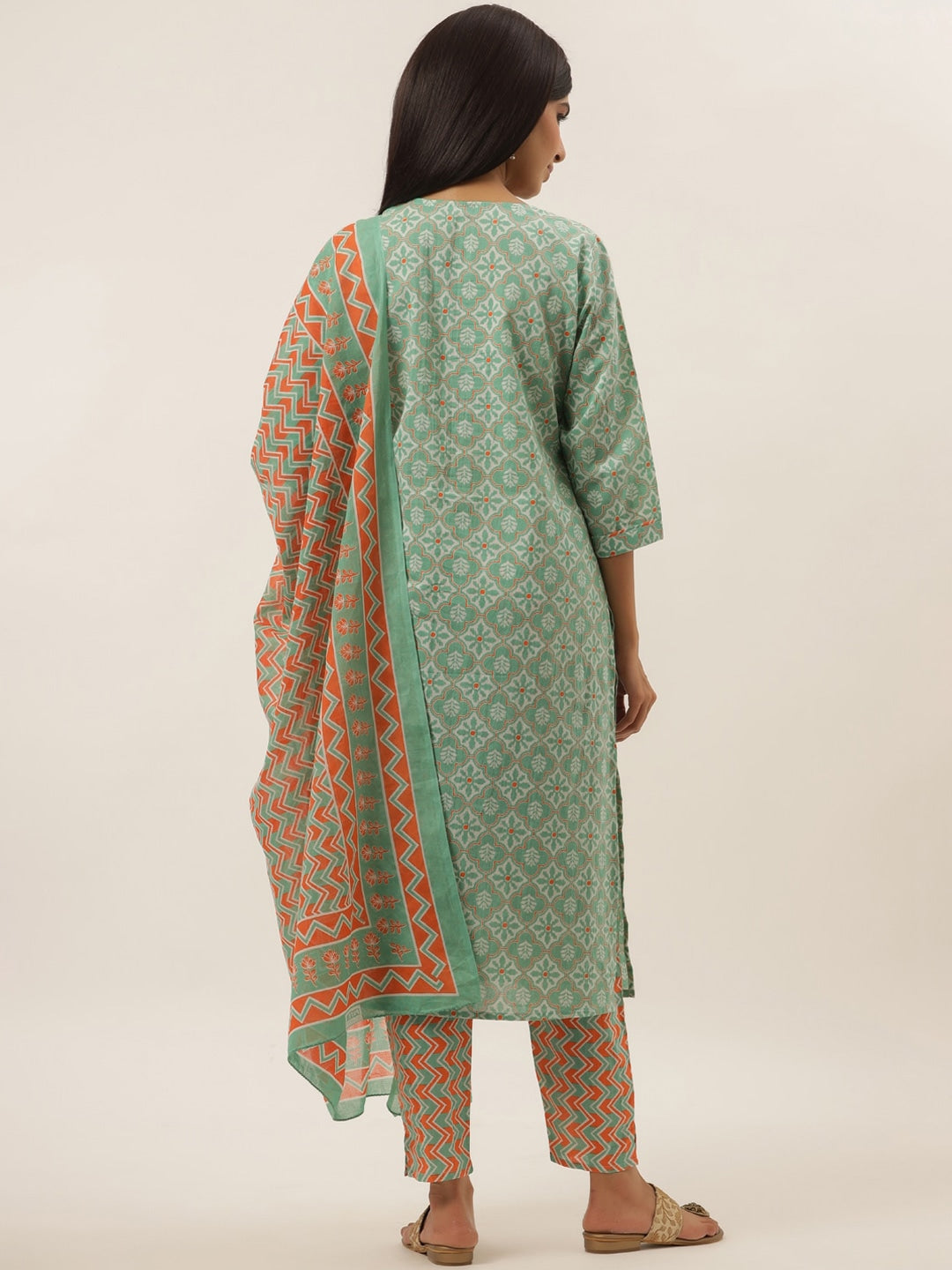 Sea Green Ethnic Motifs Printed Cotton Dupatta Set-Yufta Store-4782SKDSGM