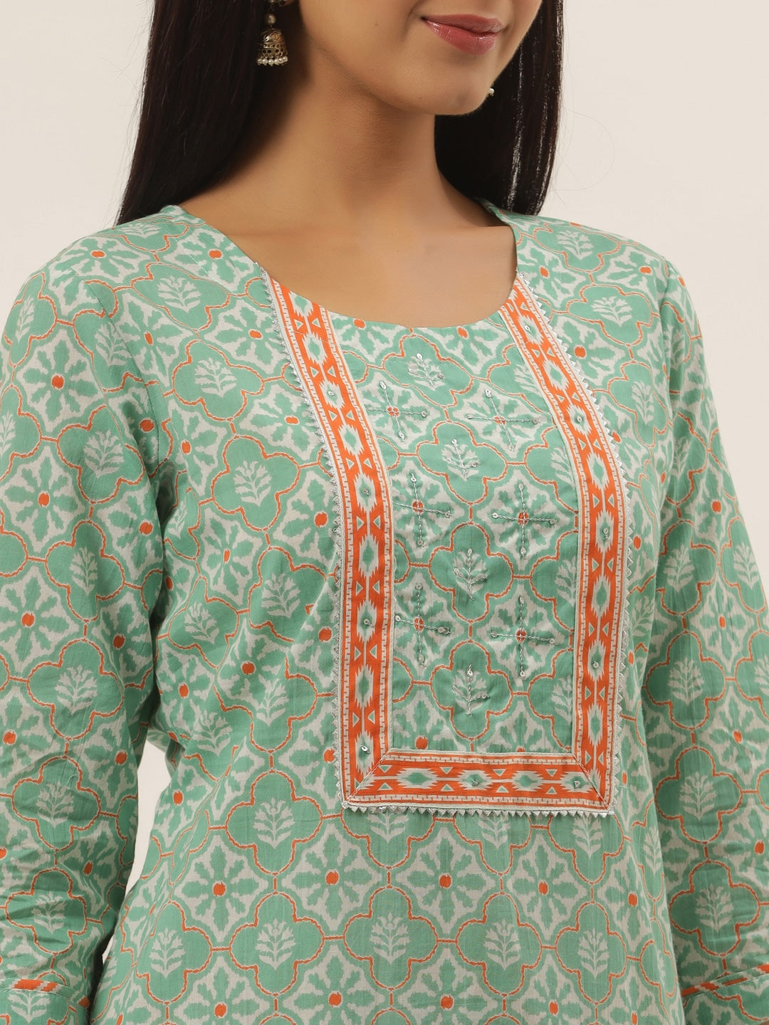 Sea Green Ethnic Motifs Printed Cotton Dupatta Set-Yufta Store-4782SKDSGM