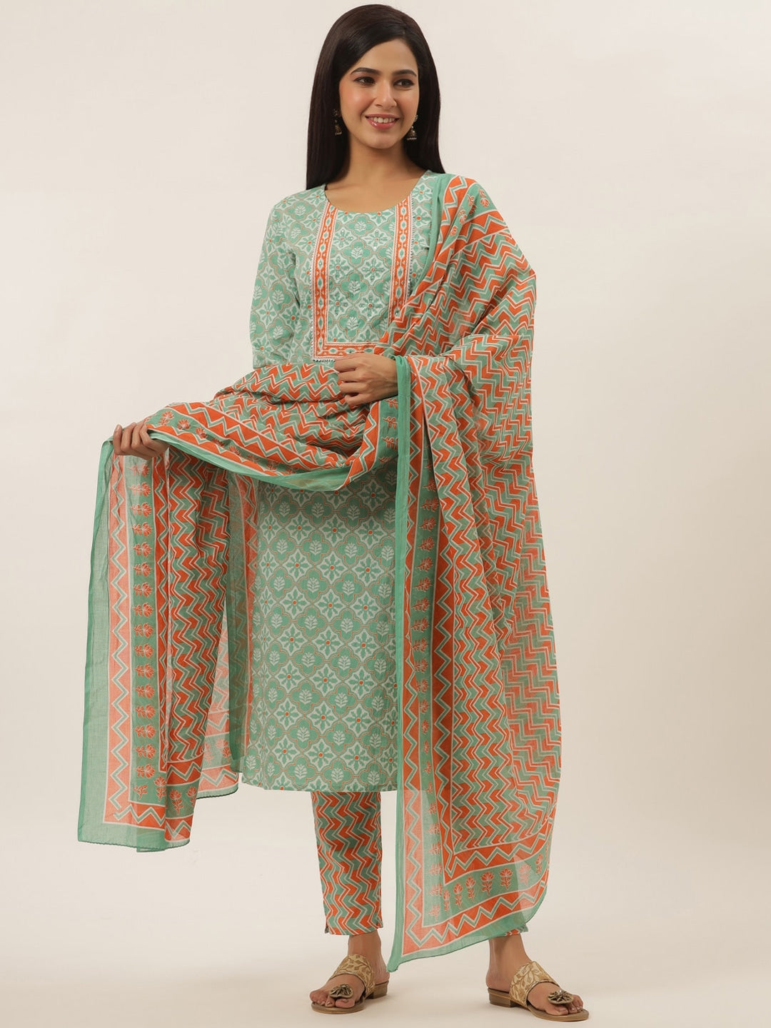 Sea Green Ethnic Motifs Printed Cotton Dupatta Set-Yufta Store-4782SKDSGM