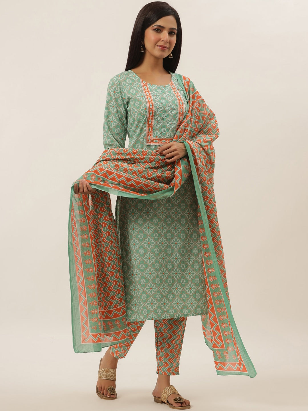 Sea Green Ethnic Motifs Printed Cotton Dupatta Set-Yufta Store-4782SKDSGM