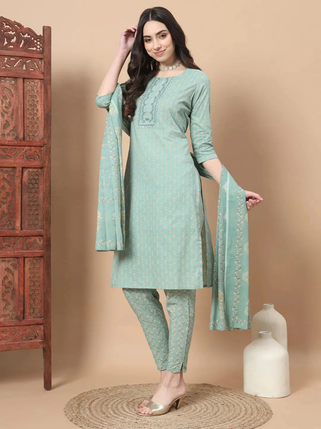 Sea Green Ethnic Motifs,Thread_Work Straight Kurta Trouser And Dupatta Set-Yufta Store-6812SKDSGS