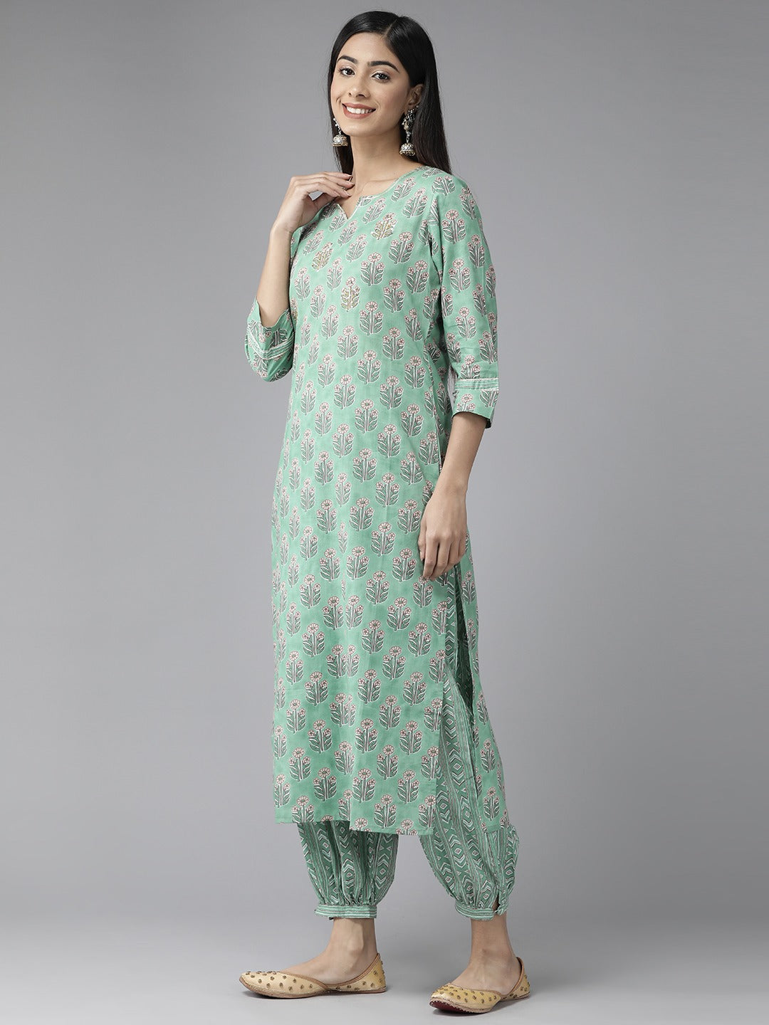 Sea Green Floral Printed Dupatta Set-Yufta Store-1117SKDSGS