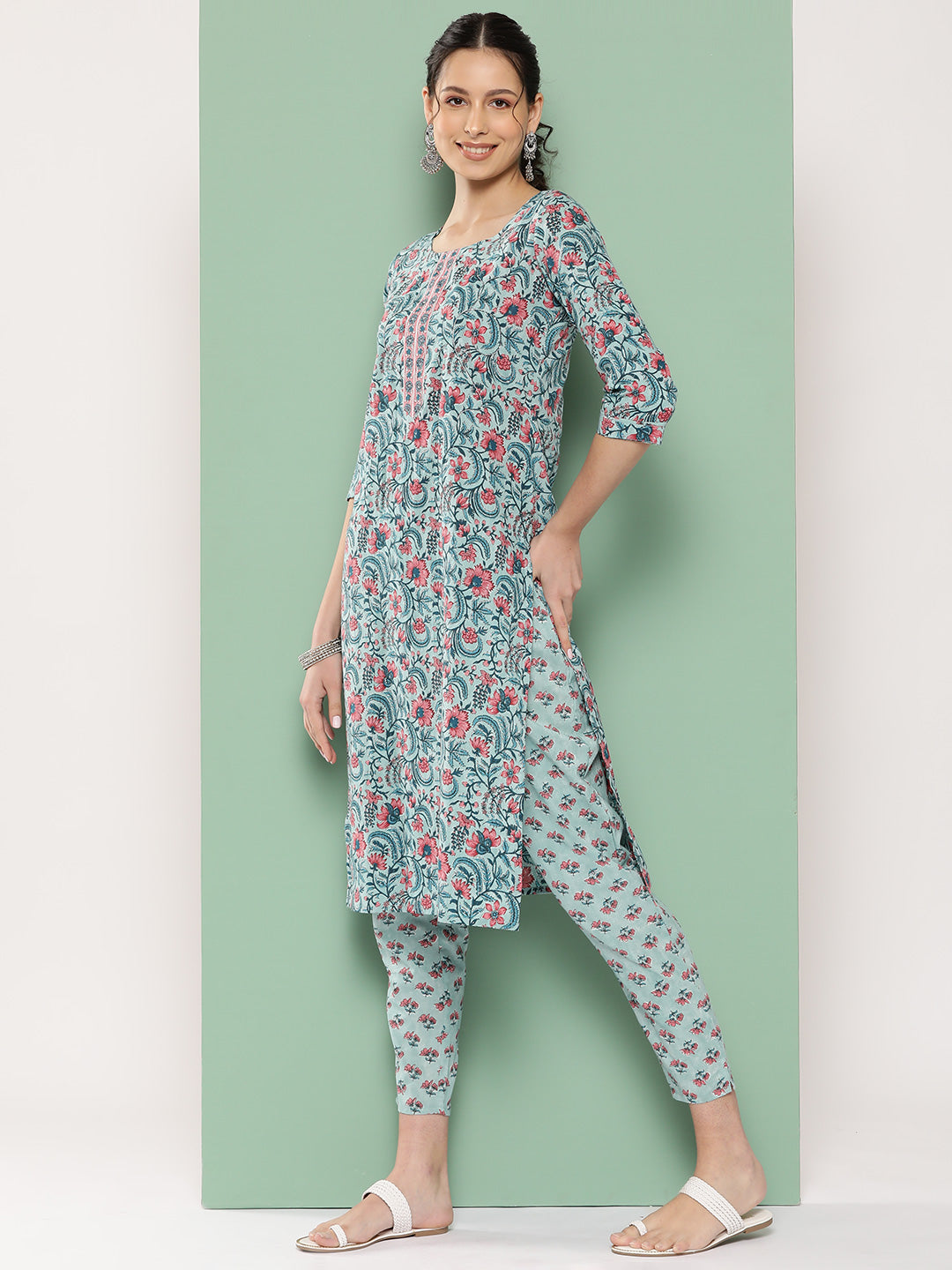 Sea Green Floral Printed Regular Sequinned Kurta with Trousers & Dupatta-Yufta Store-1312SKDSGS