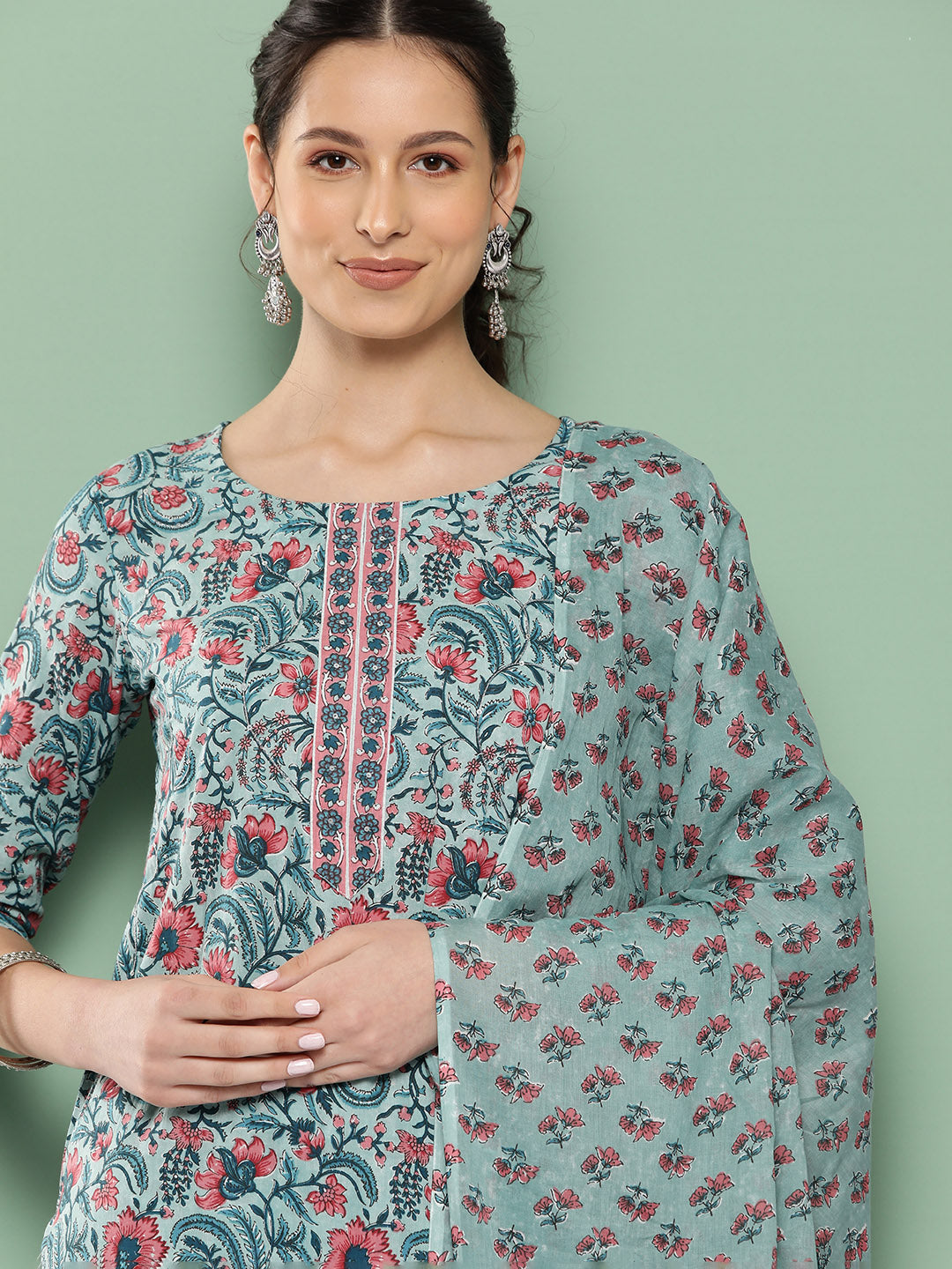 Sea Green Floral Printed Regular Sequinned Kurta with Trousers & Dupatta-Yufta Store-1312SKDSGS