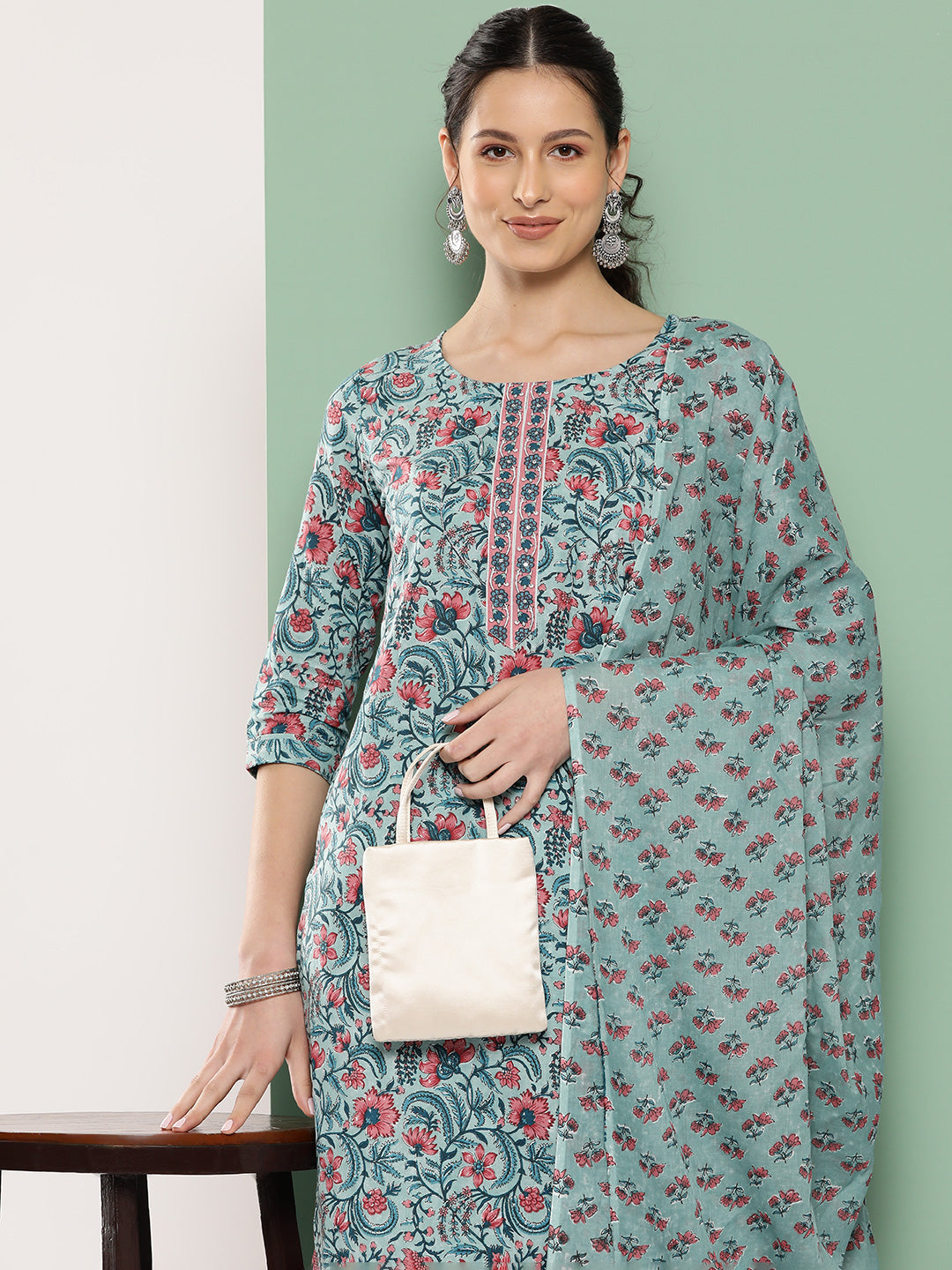 Sea Green Floral Printed Regular Sequinned Kurta with Trousers & Dupatta-Yufta Store-1312SKDSGS