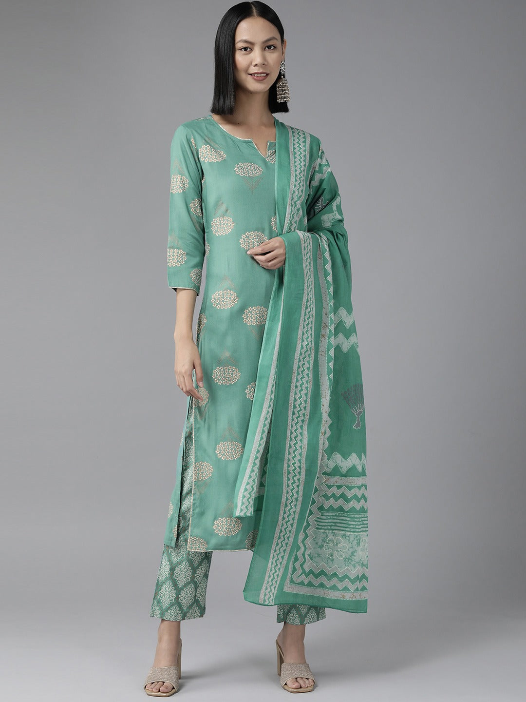 Sea Green Printed Dupatta Set-Yufta Store-9787SKDBLS