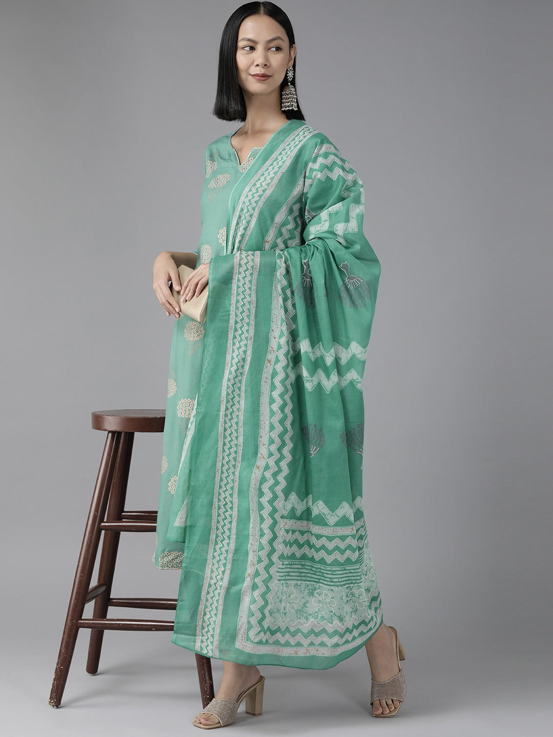 Sea Green Printed Dupatta Set-Yufta Store-9787SKDBLS