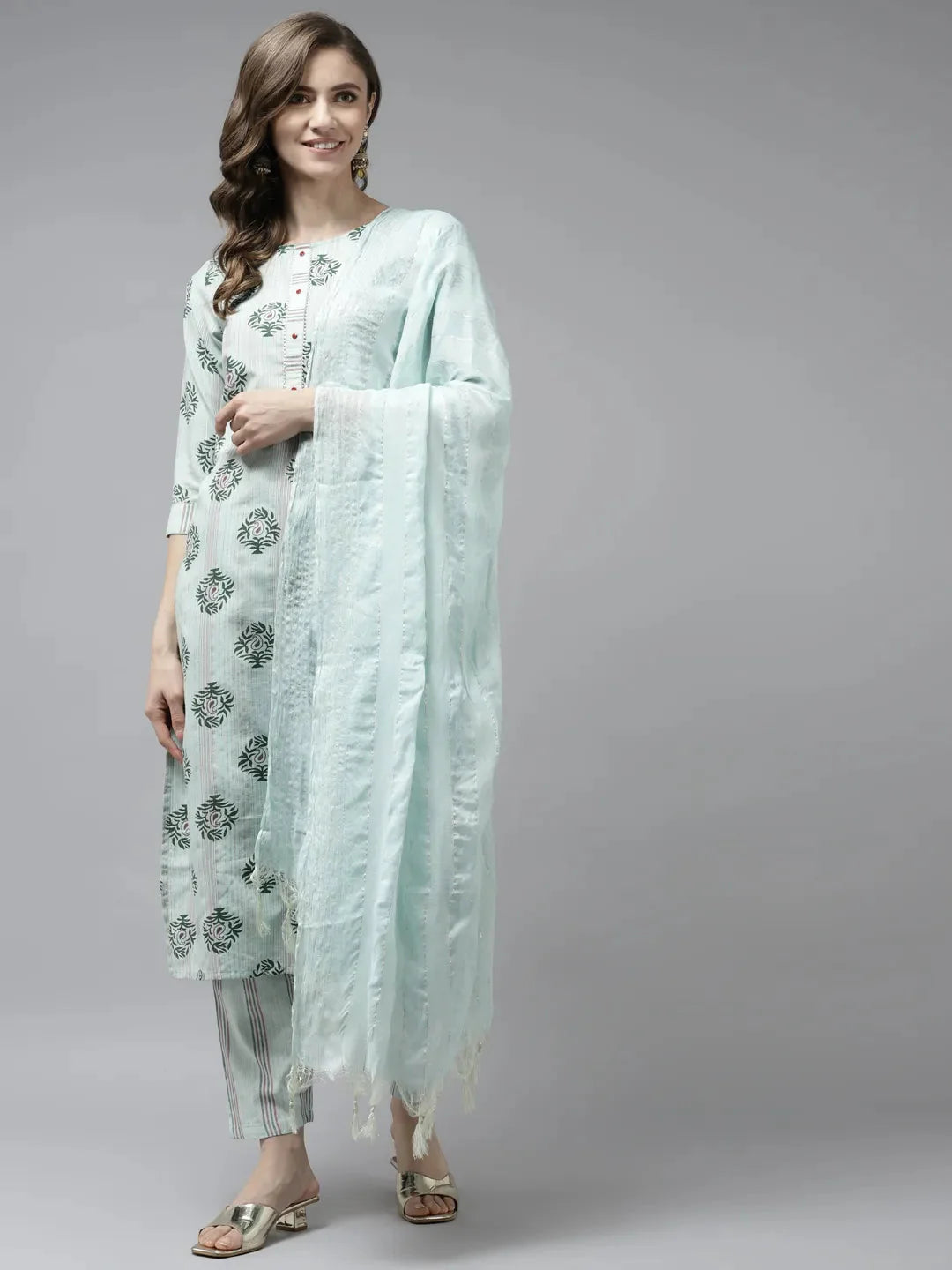 Sea Green Printed Dupatta Set-Yufta Store-9934SKDSGS