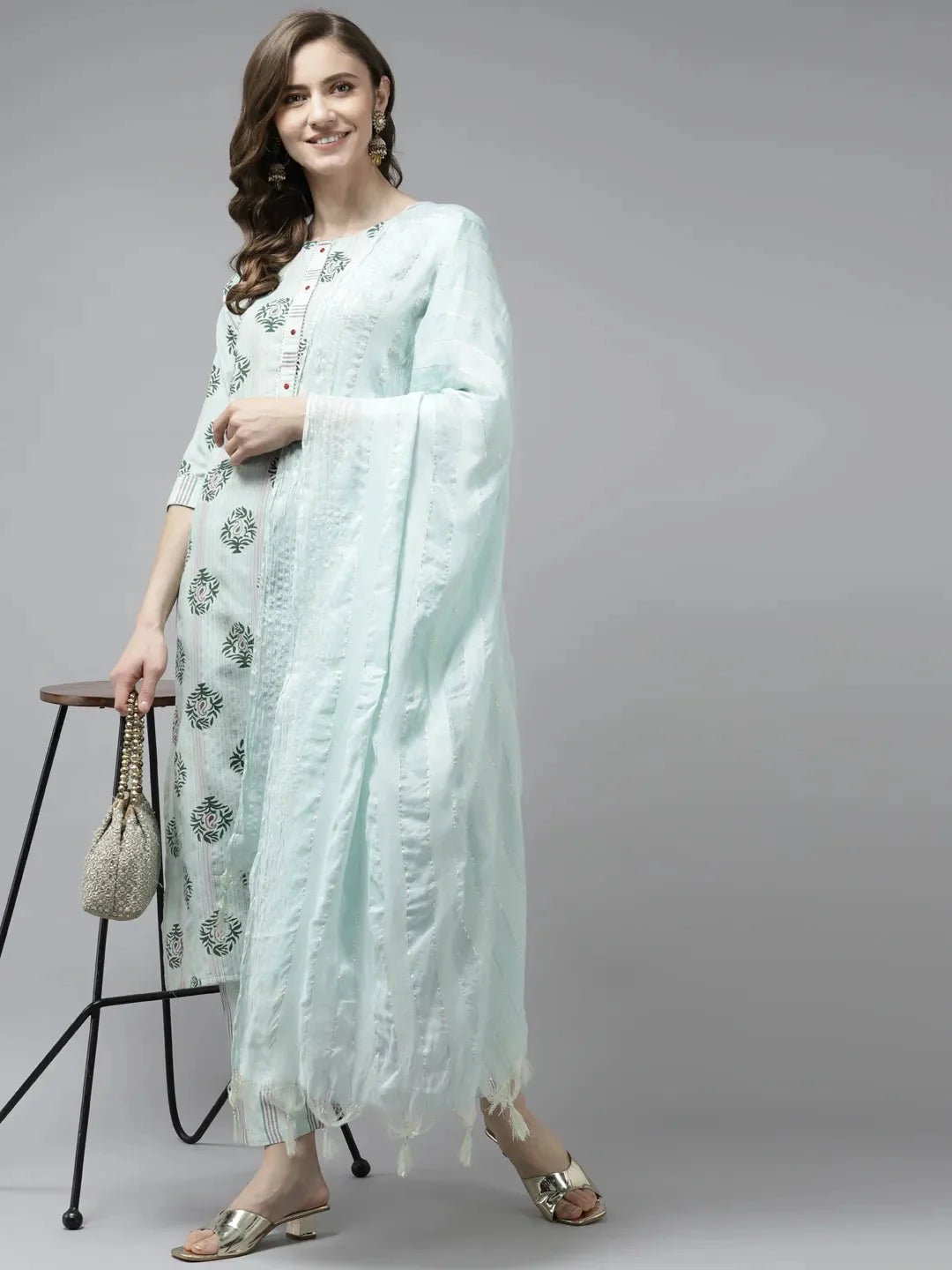 Sea Green Printed Dupatta Set-Yufta Store-9934SKDSGS