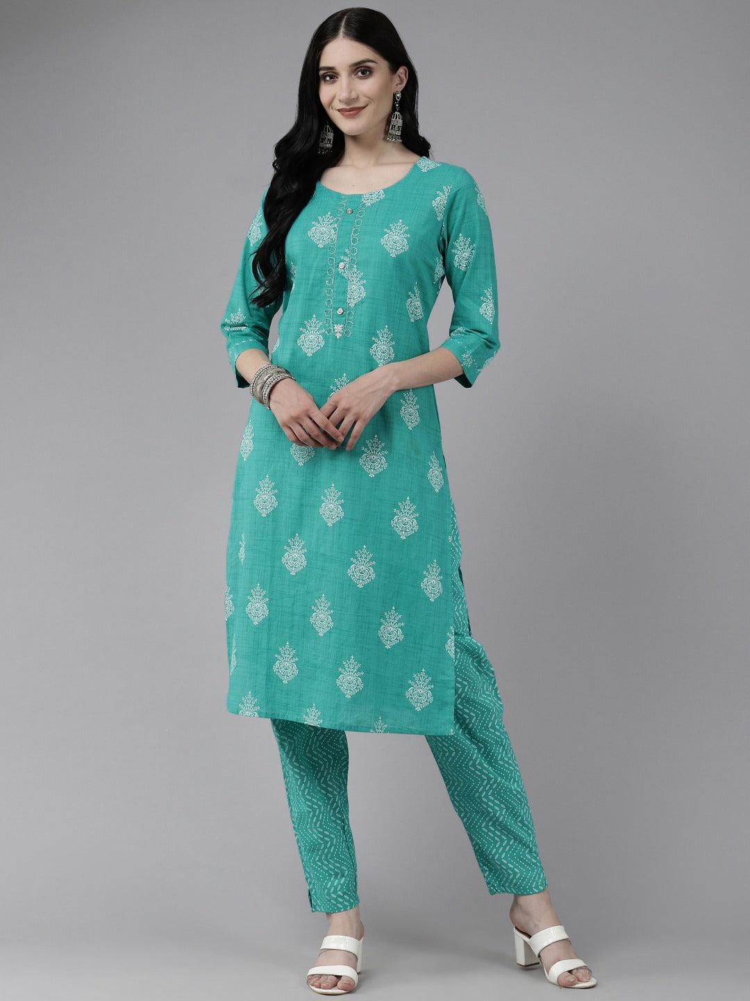 Sea Green Printed Kurta Set-Yufta Store-4767SETSGM