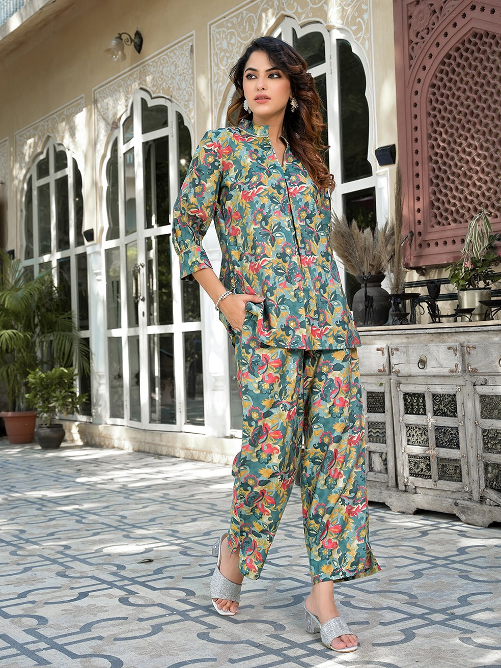 Sea Green Silk blend Floral Print Co-ord set-Yufta Store-1768CRDSGS