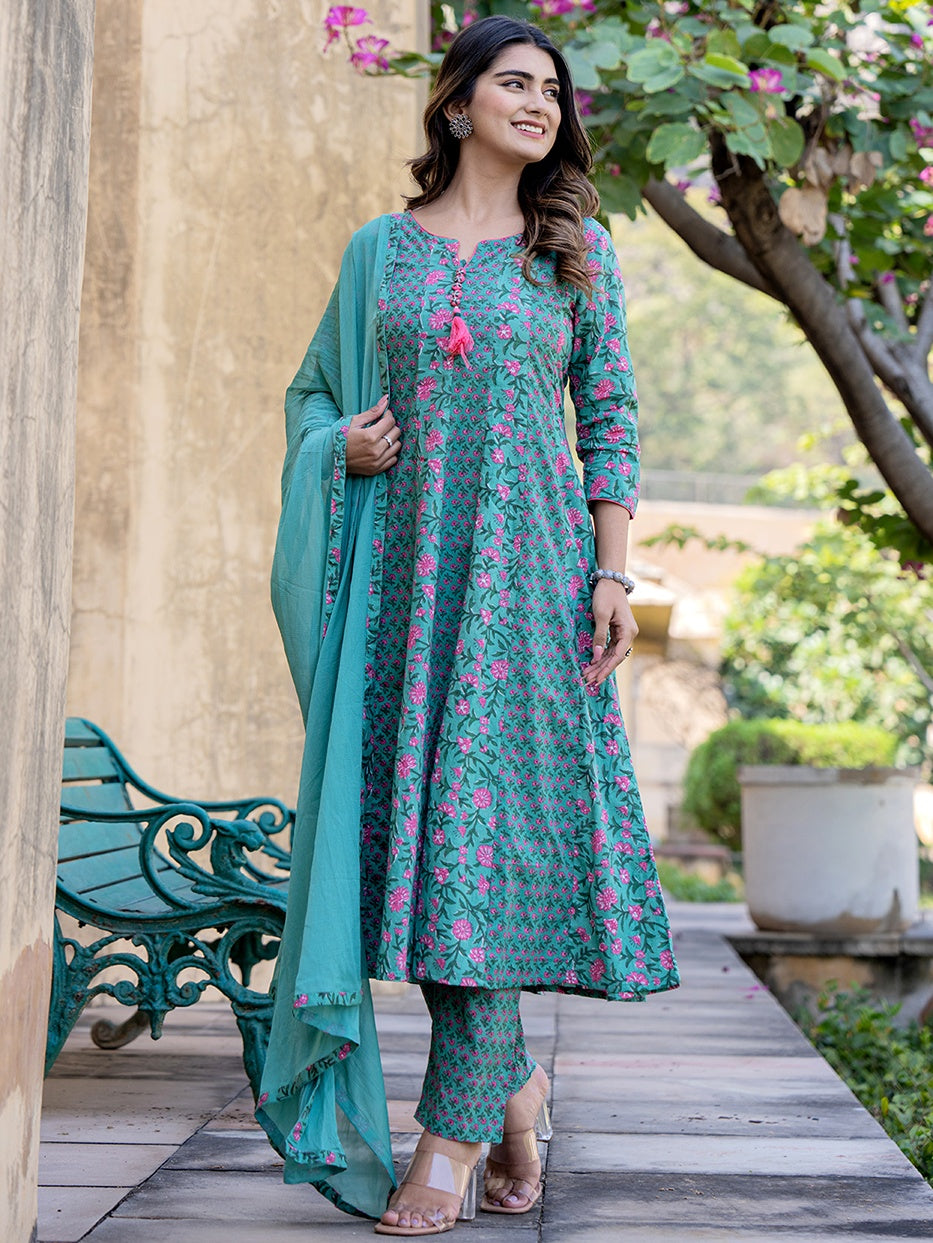 Sea Green Three quarter Regular Sleeves Cotton Anarkali Kurta Dupatta Set